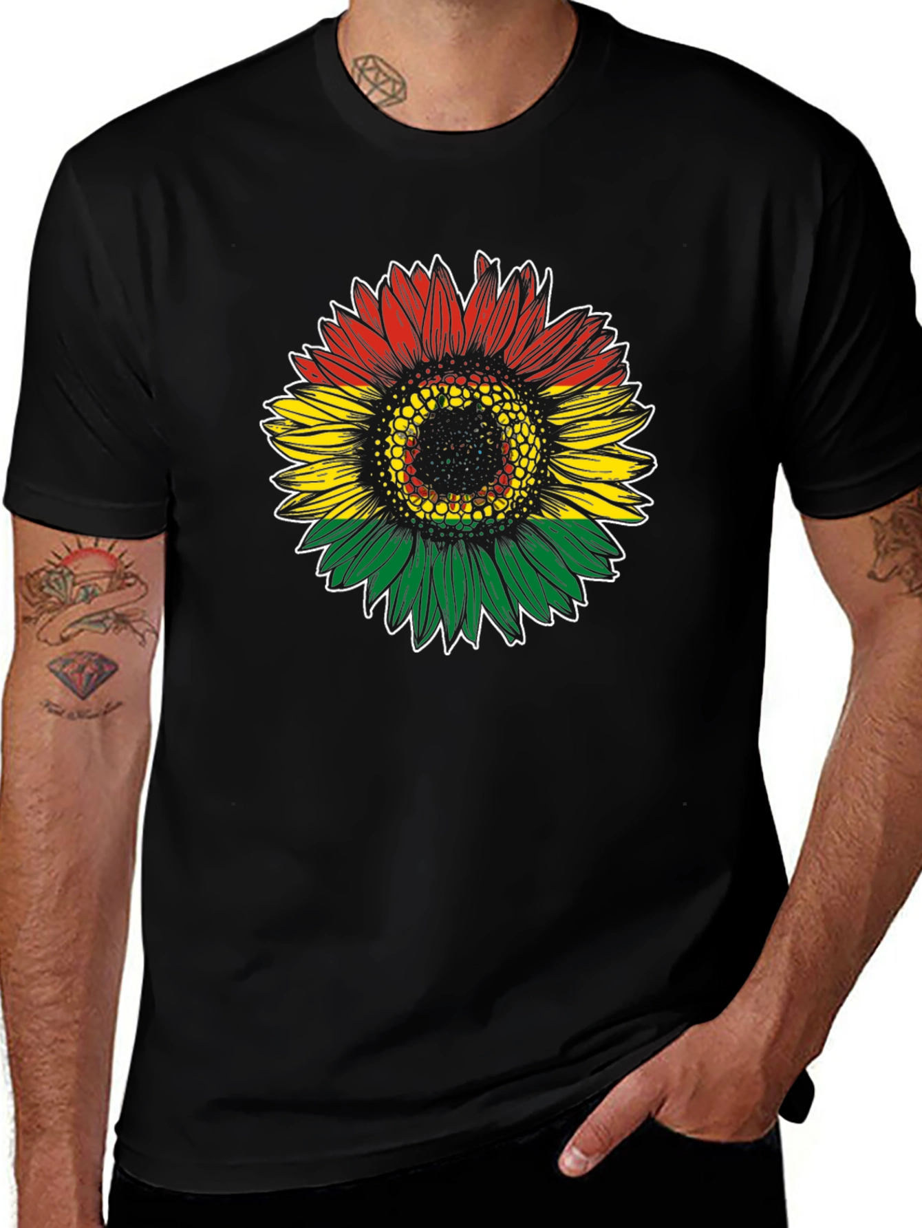Rasta Sunflower Graphic Tee - Black Cotton T-Shirt