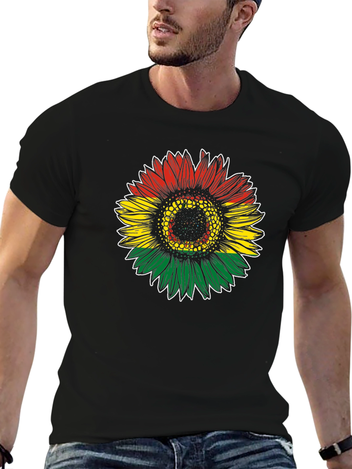 Rasta Sunflower Graphic Tee - Black Cotton T-Shirt