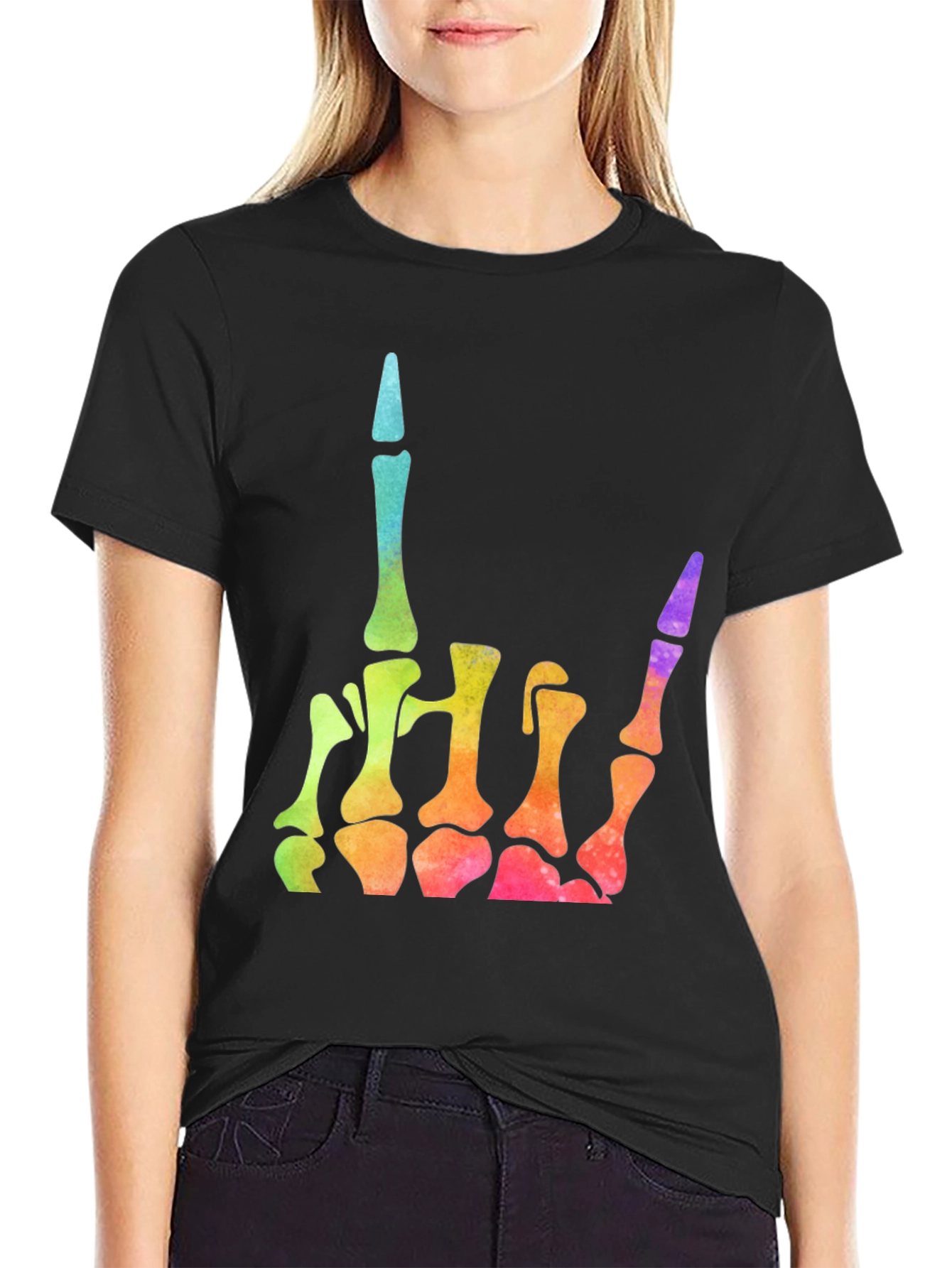 Rainbow Skeleton Hand Rock On T-Shirt