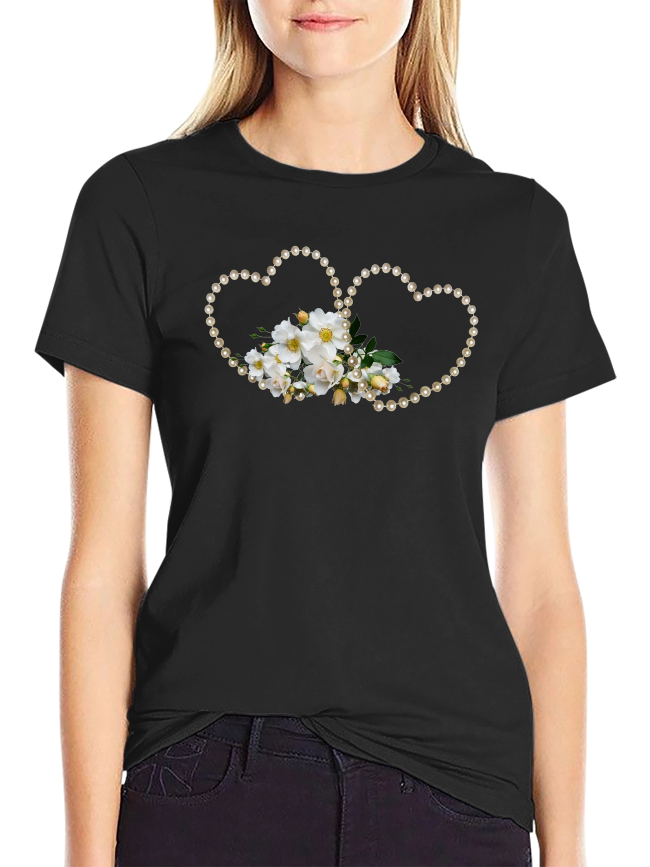 Floral Heart Pearl T-Shirt - Black