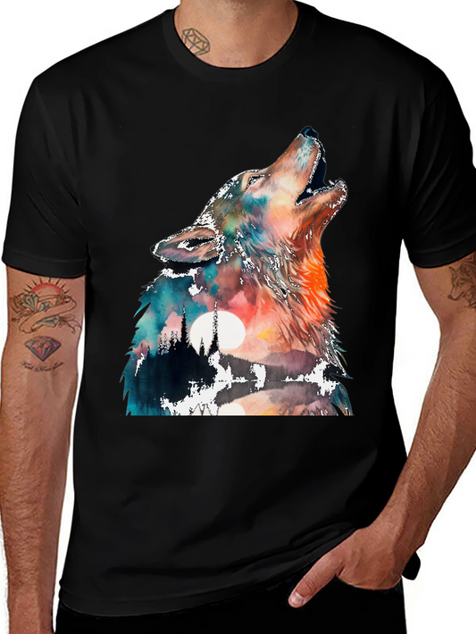Wolf Howl Watercolor Graphic Tee - Black Cotton Blend T-Shirt