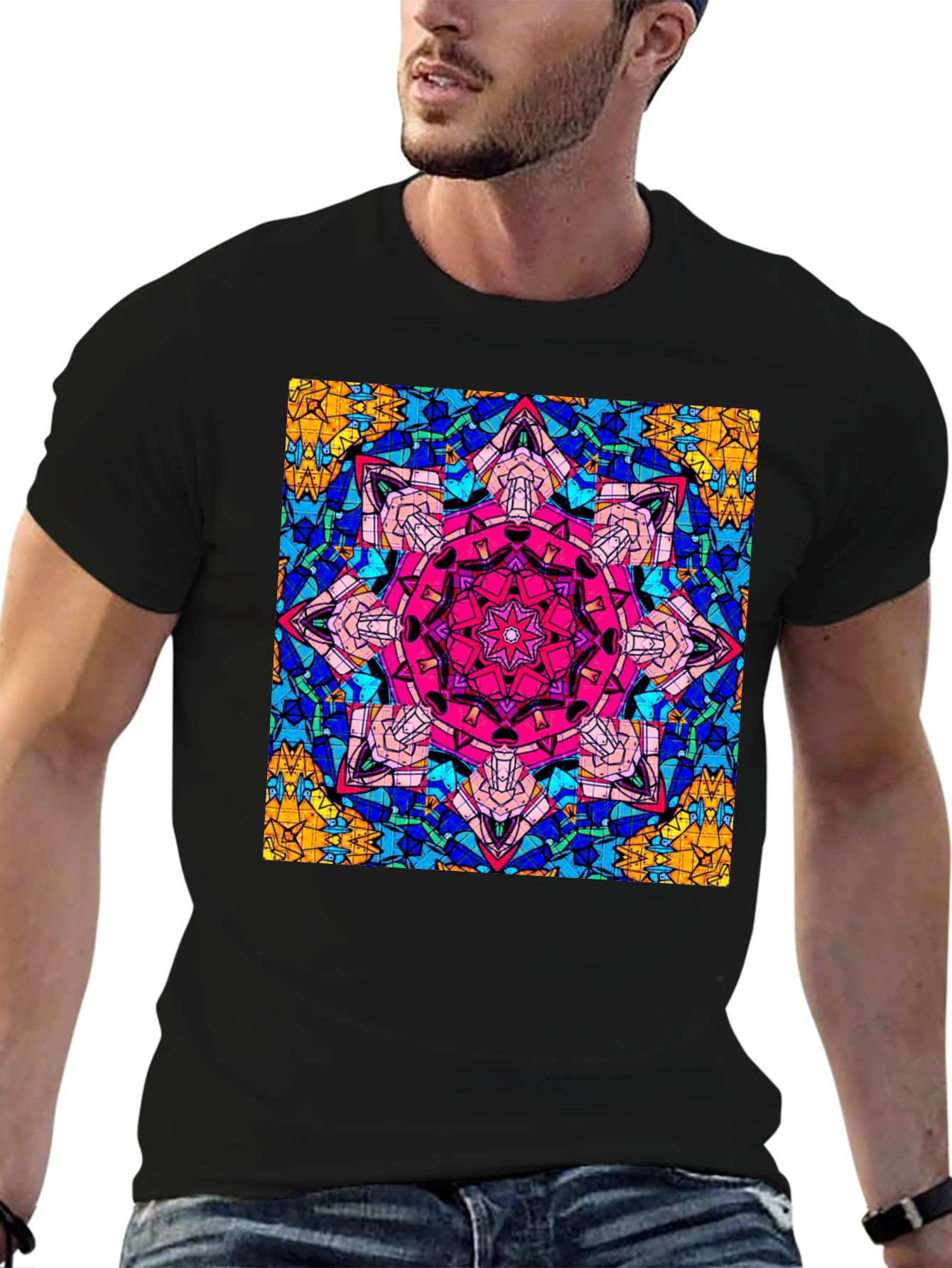 Geometric Mandala Print Black T-Shirt