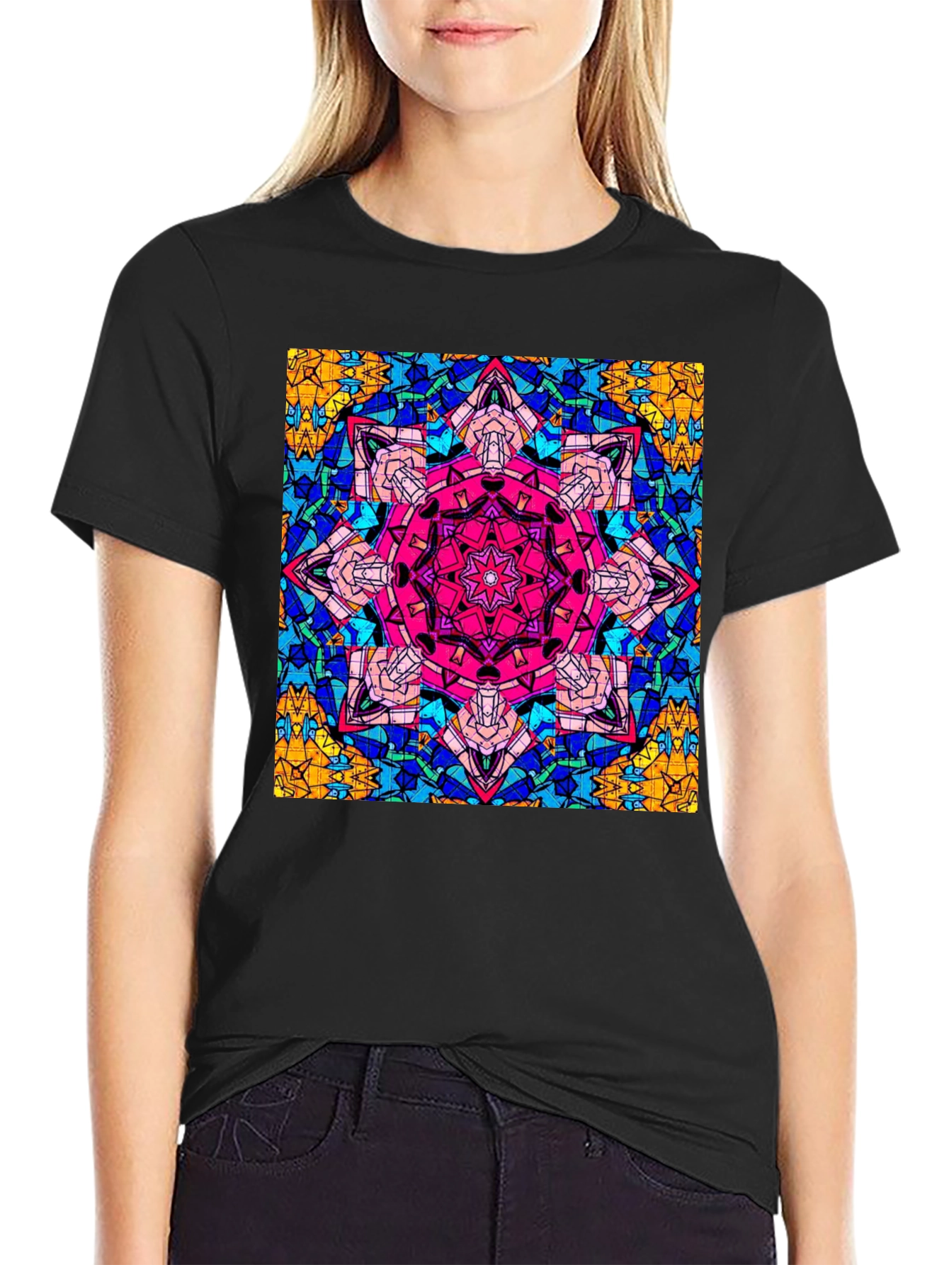Geometric Mandala Print Black T-Shirt