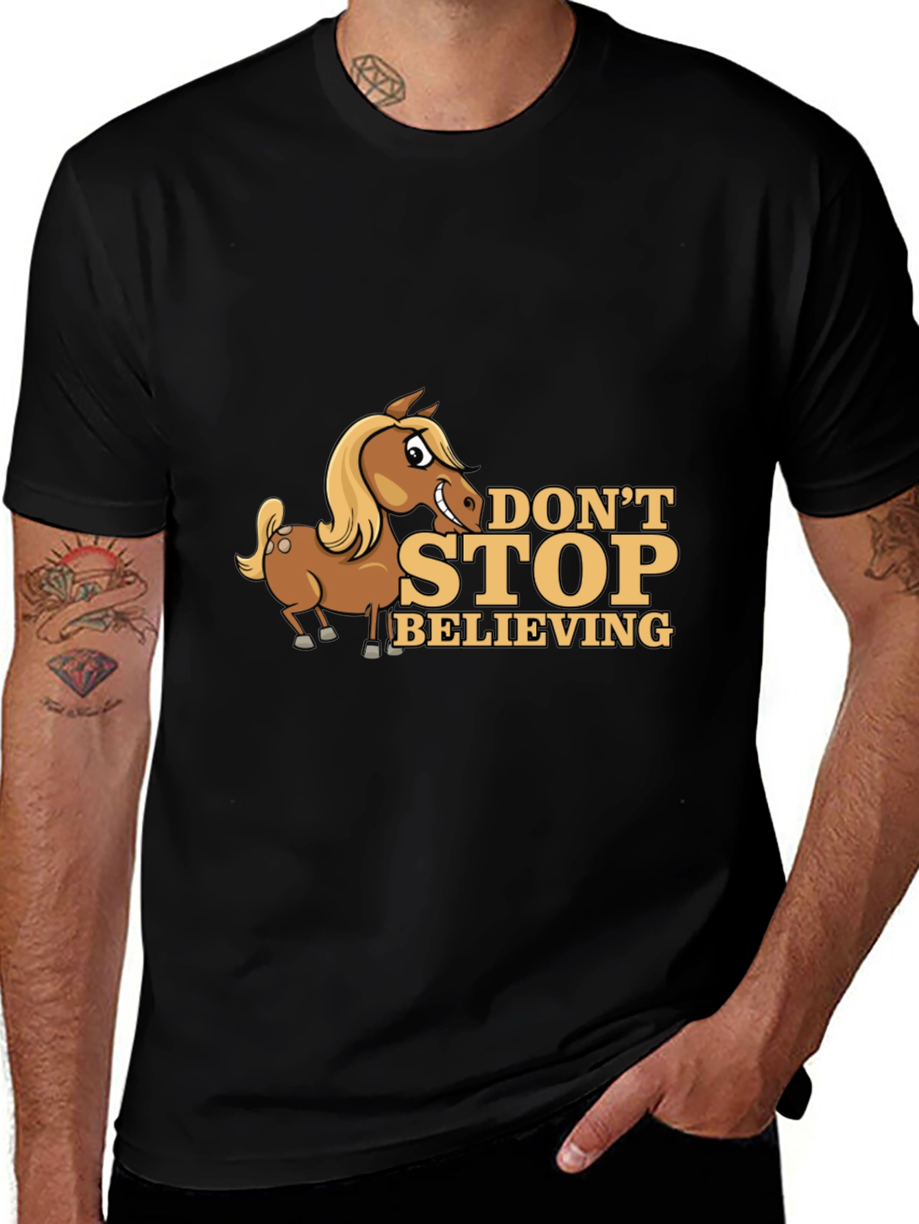 Dont Stop Believing Horse Cartoon Black T-Shirt