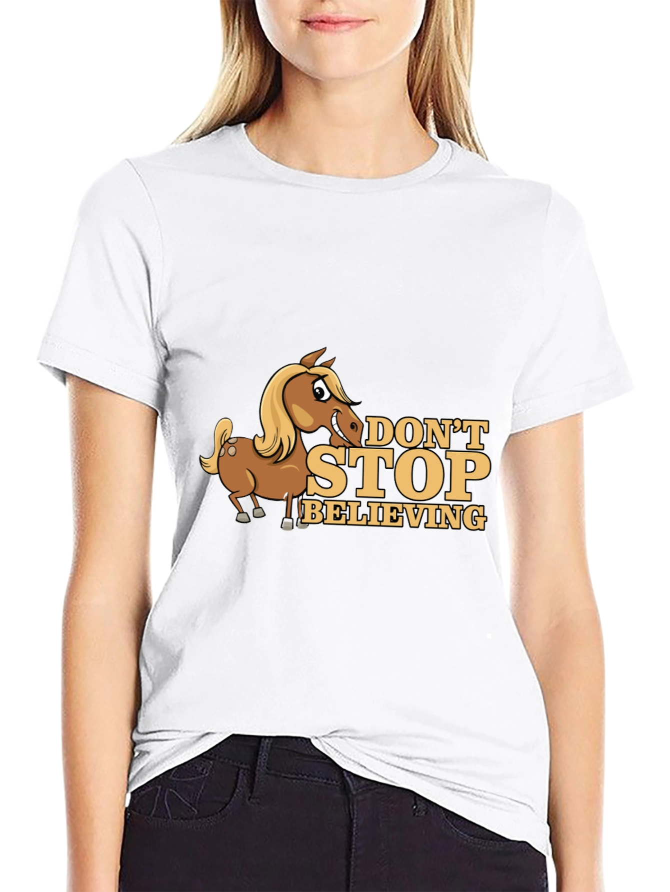 Dont Stop Believing Horse Cartoon Black T-Shirt
