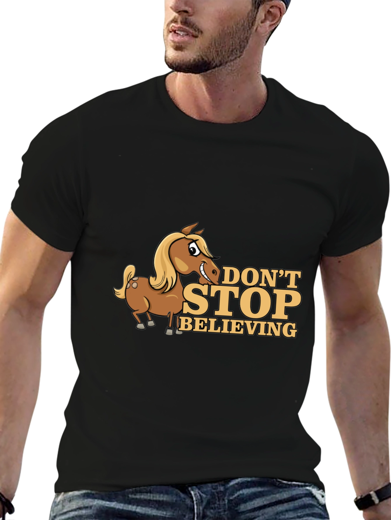 Dont Stop Believing Horse Cartoon Black T-Shirt