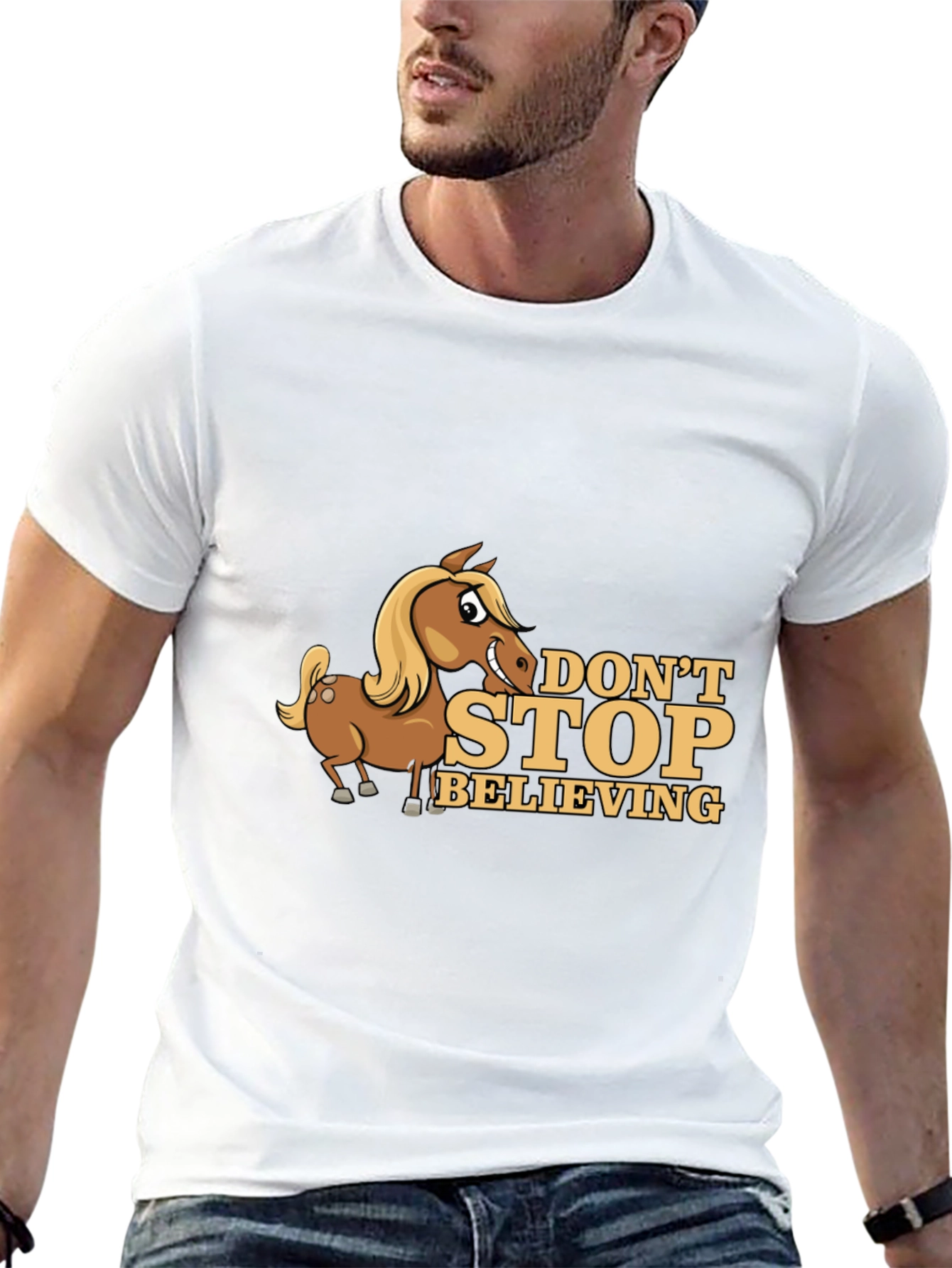 Dont Stop Believing Horse Cartoon Black T-Shirt