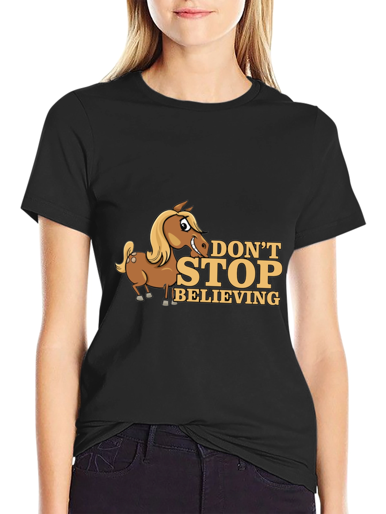 Dont Stop Believing Horse Cartoon Black T-Shirt