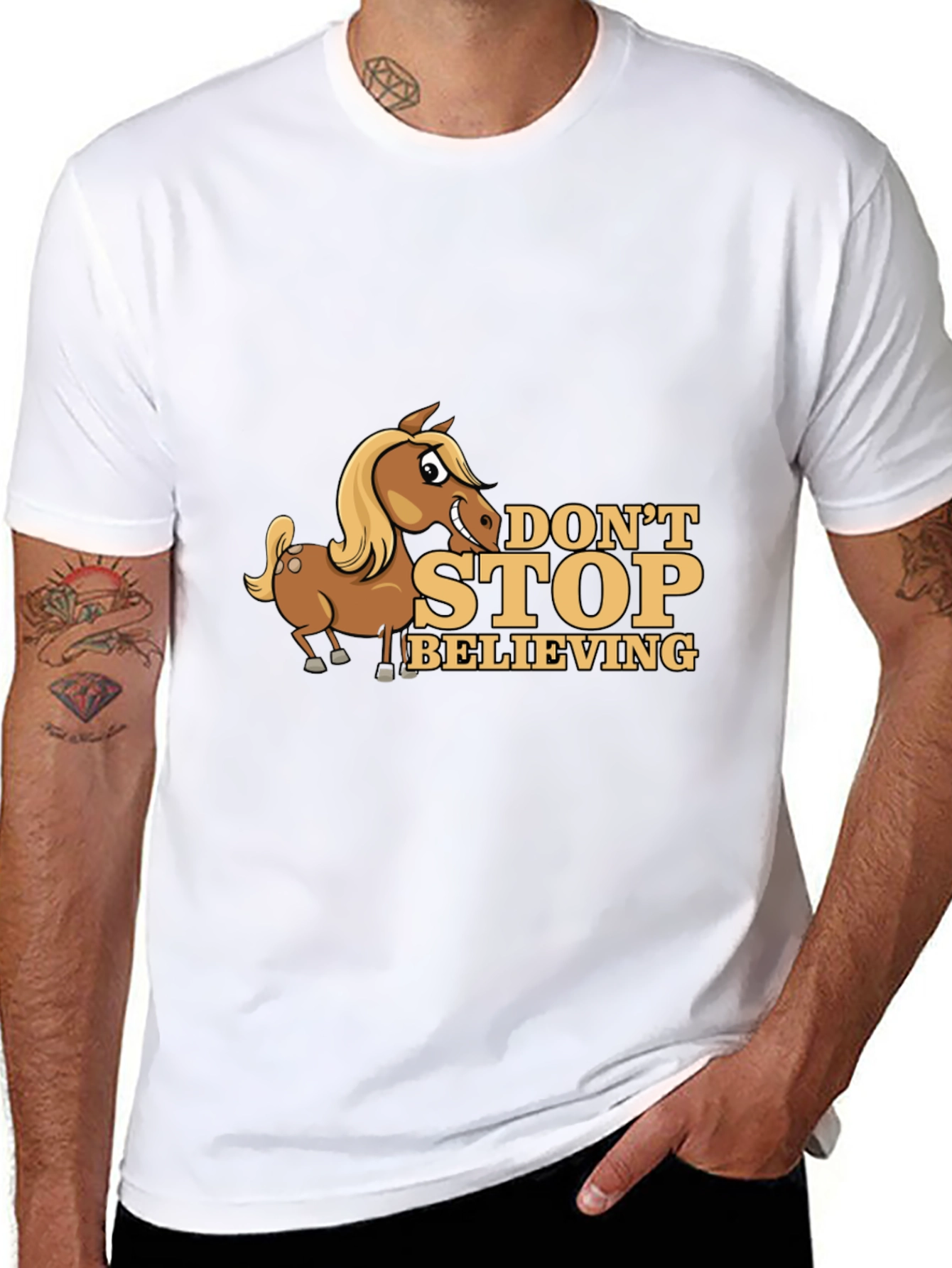 Dont Stop Believing Horse Cartoon Black T-Shirt
