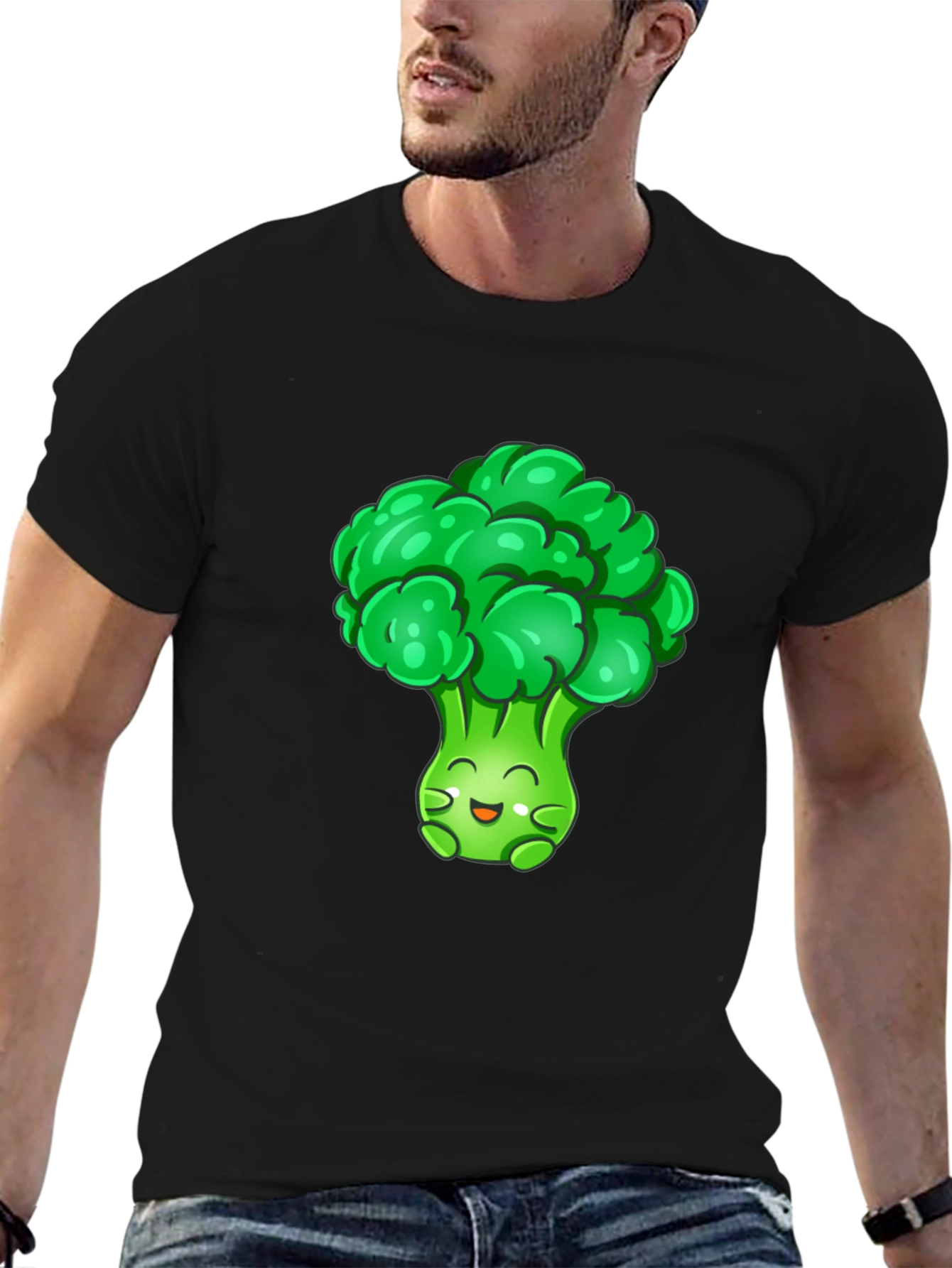 Broccoli Cartoon Graphic T-Shirt - Black