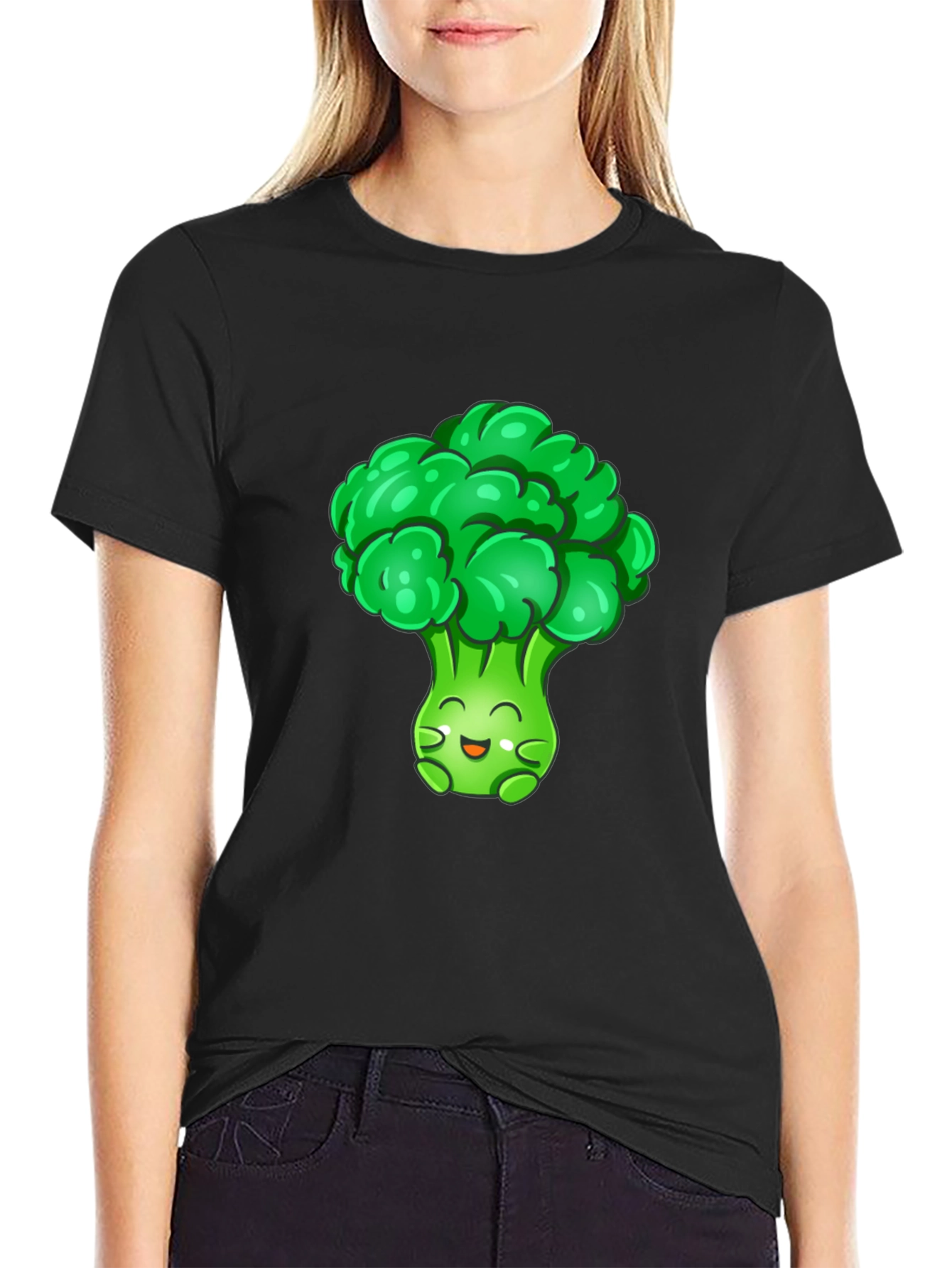 Broccoli Cartoon Graphic T-Shirt - Black