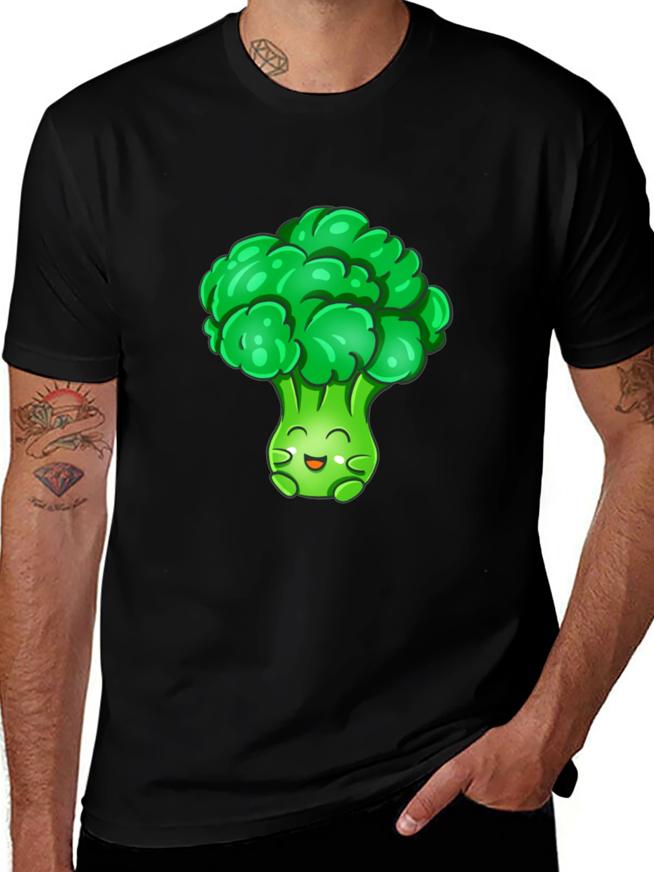 Broccoli Cartoon Graphic T-Shirt - Black