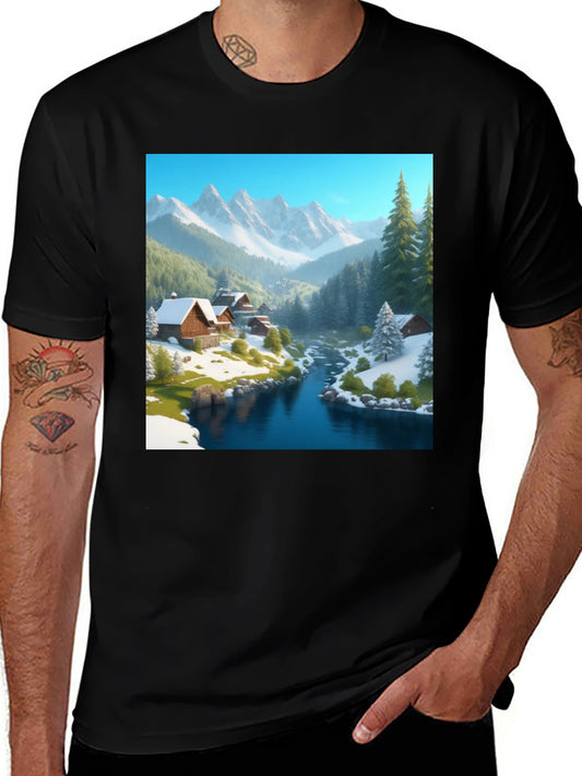 Mountain Cabin Scene Black T-Shirt