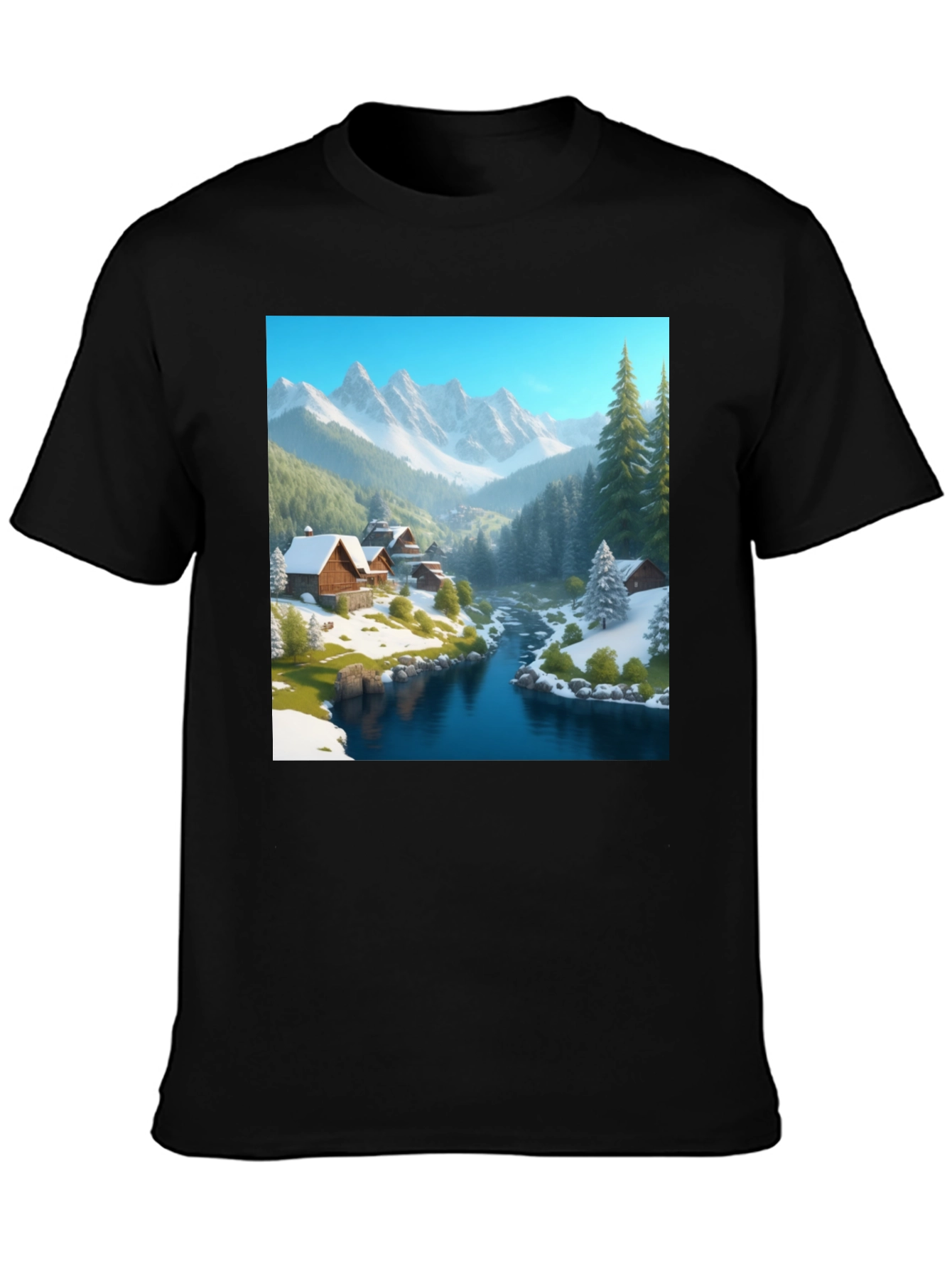 Mountain Cabin Scene Black T-Shirt