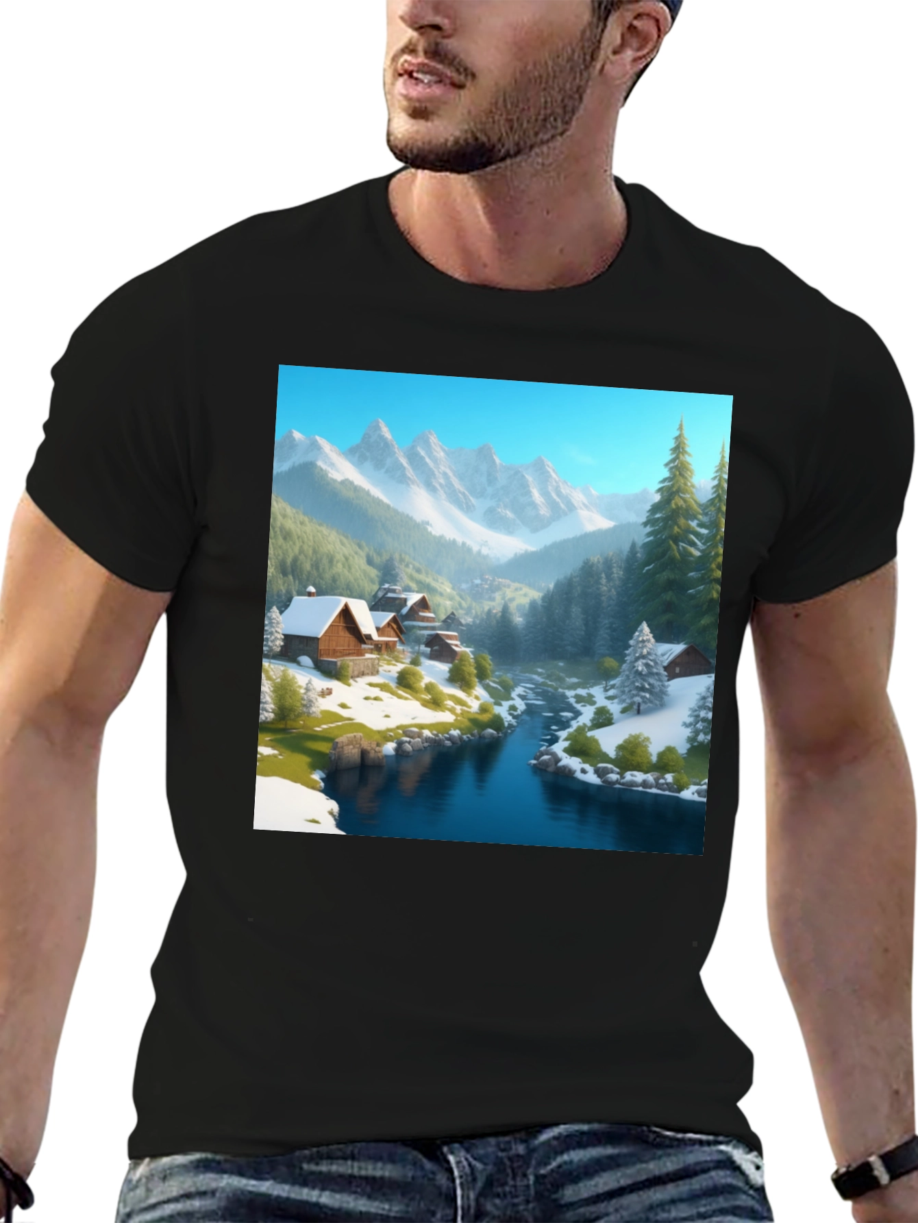 Mountain Cabin Scene Black T-Shirt