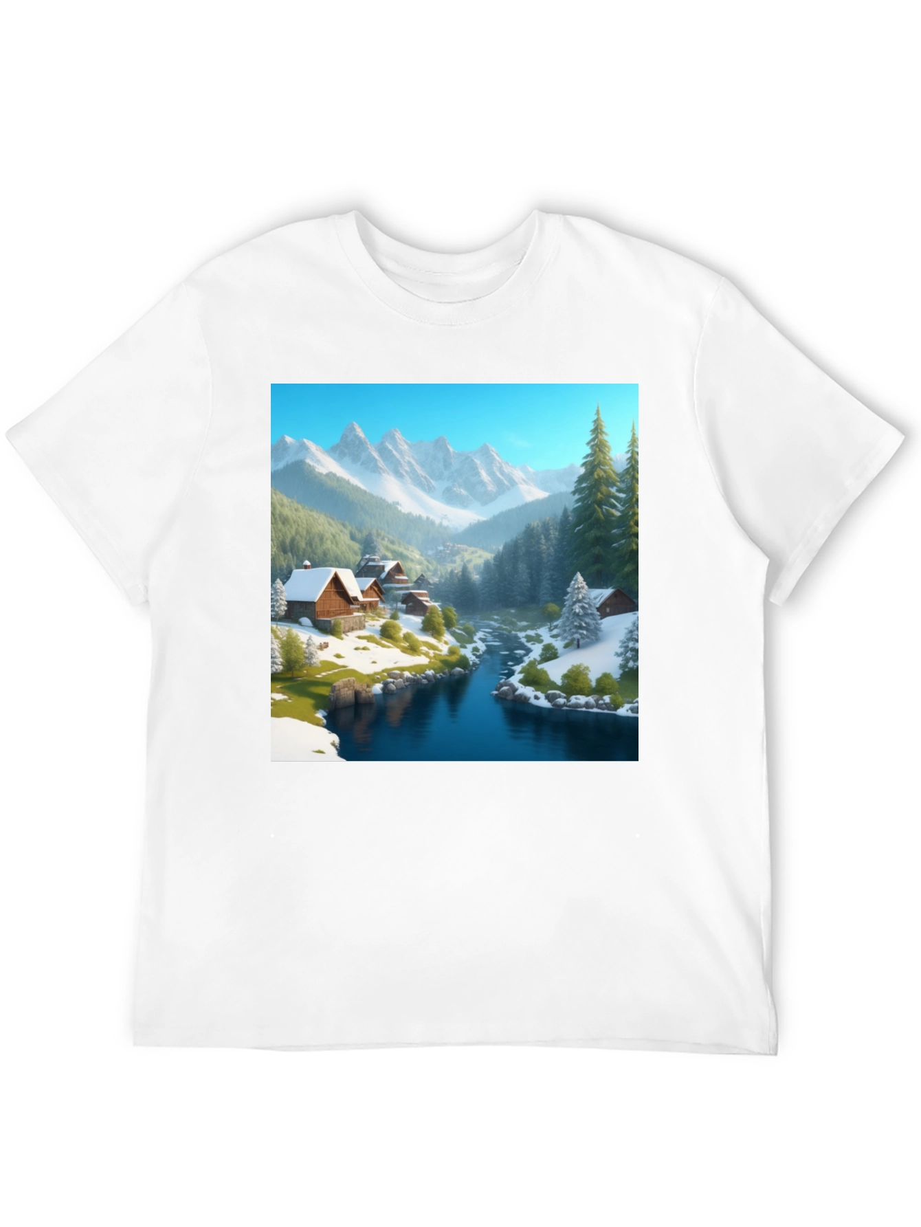 Mountain Cabin Scene Black T-Shirt