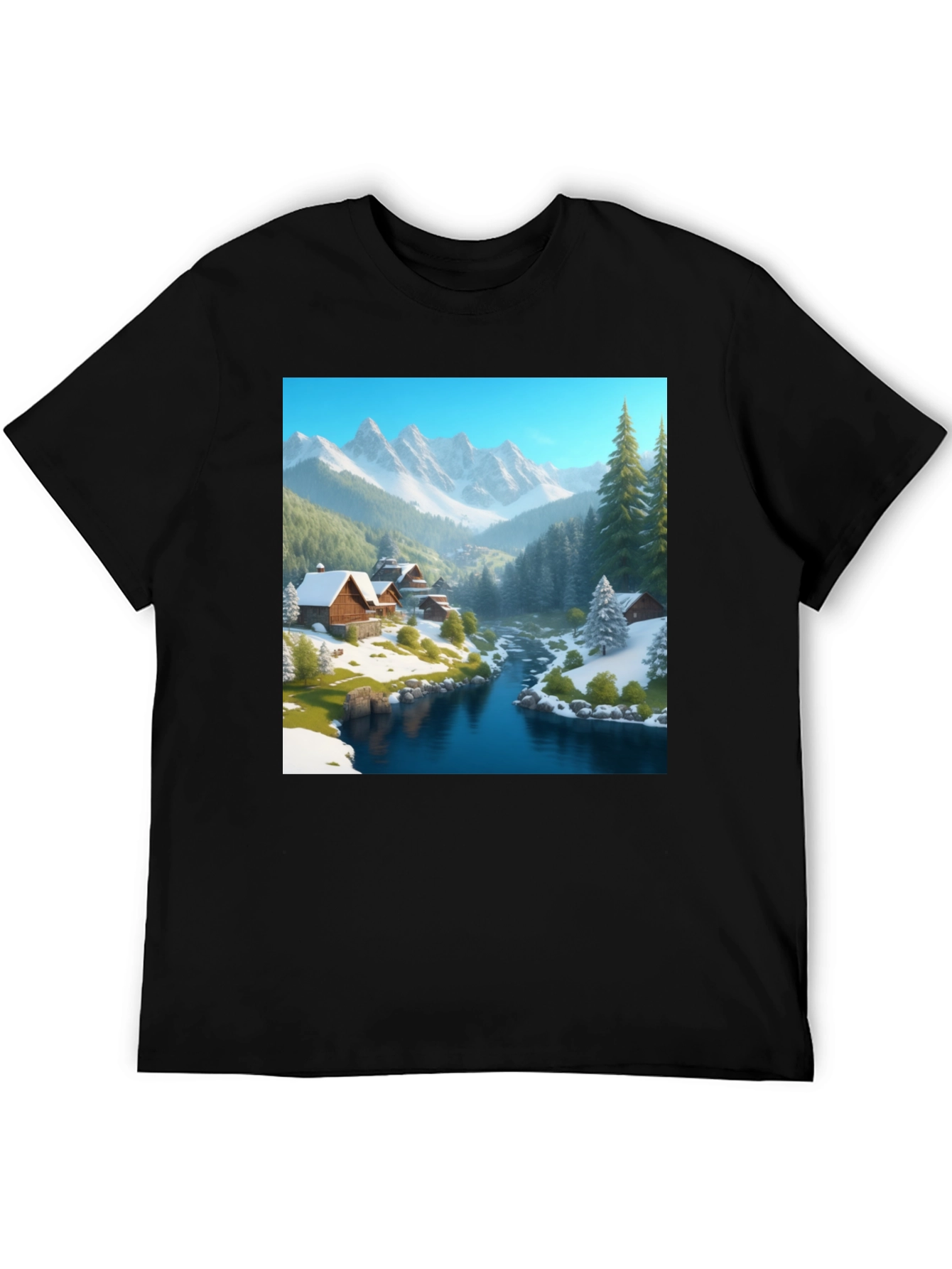 Mountain Cabin Scene Black T-Shirt