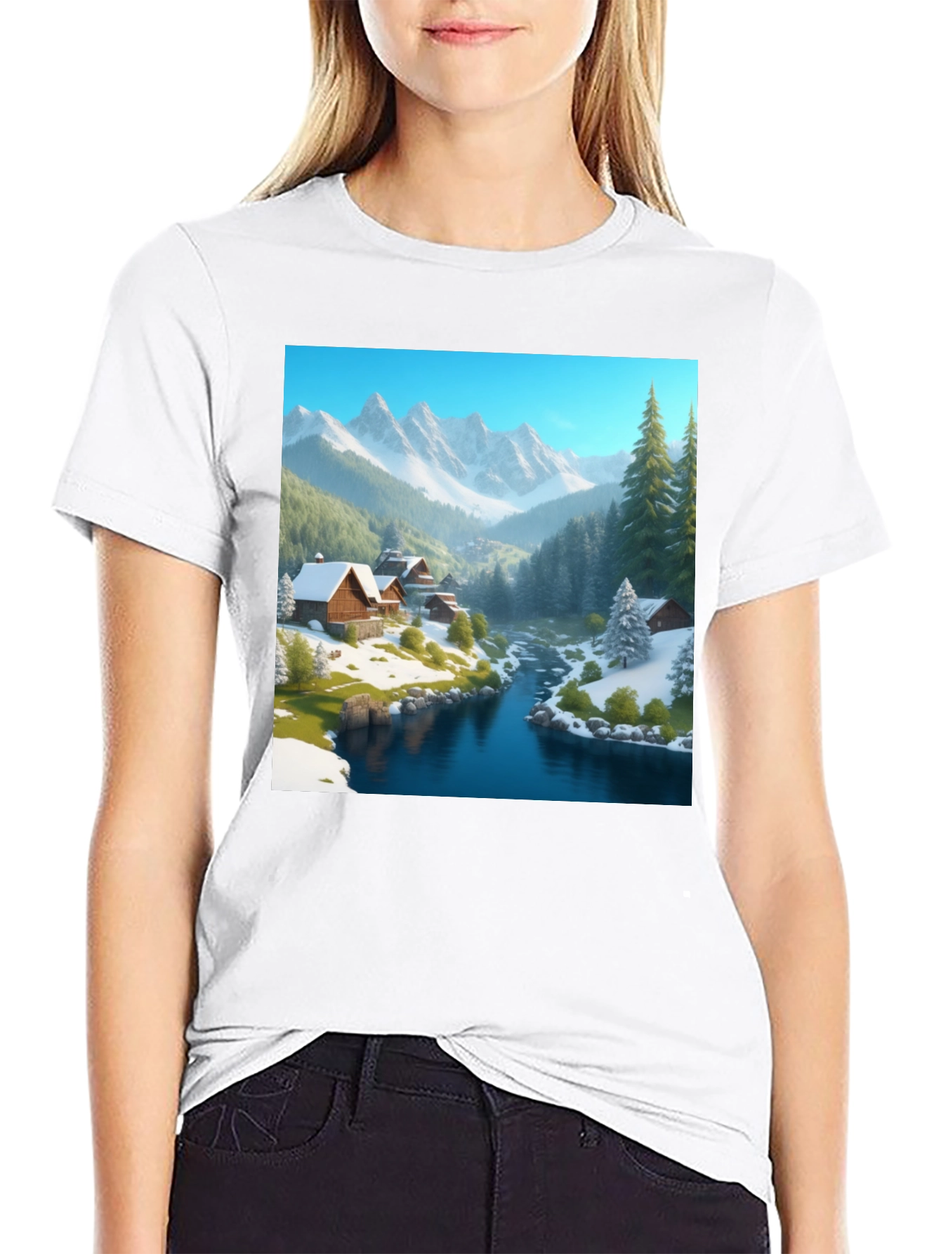 Mountain Cabin Scene Black T-Shirt