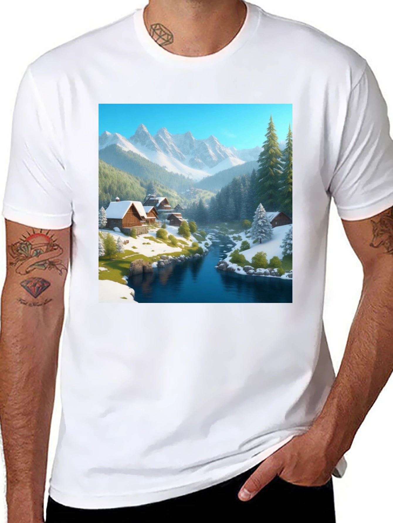 Mountain Cabin Scene Black T-Shirt