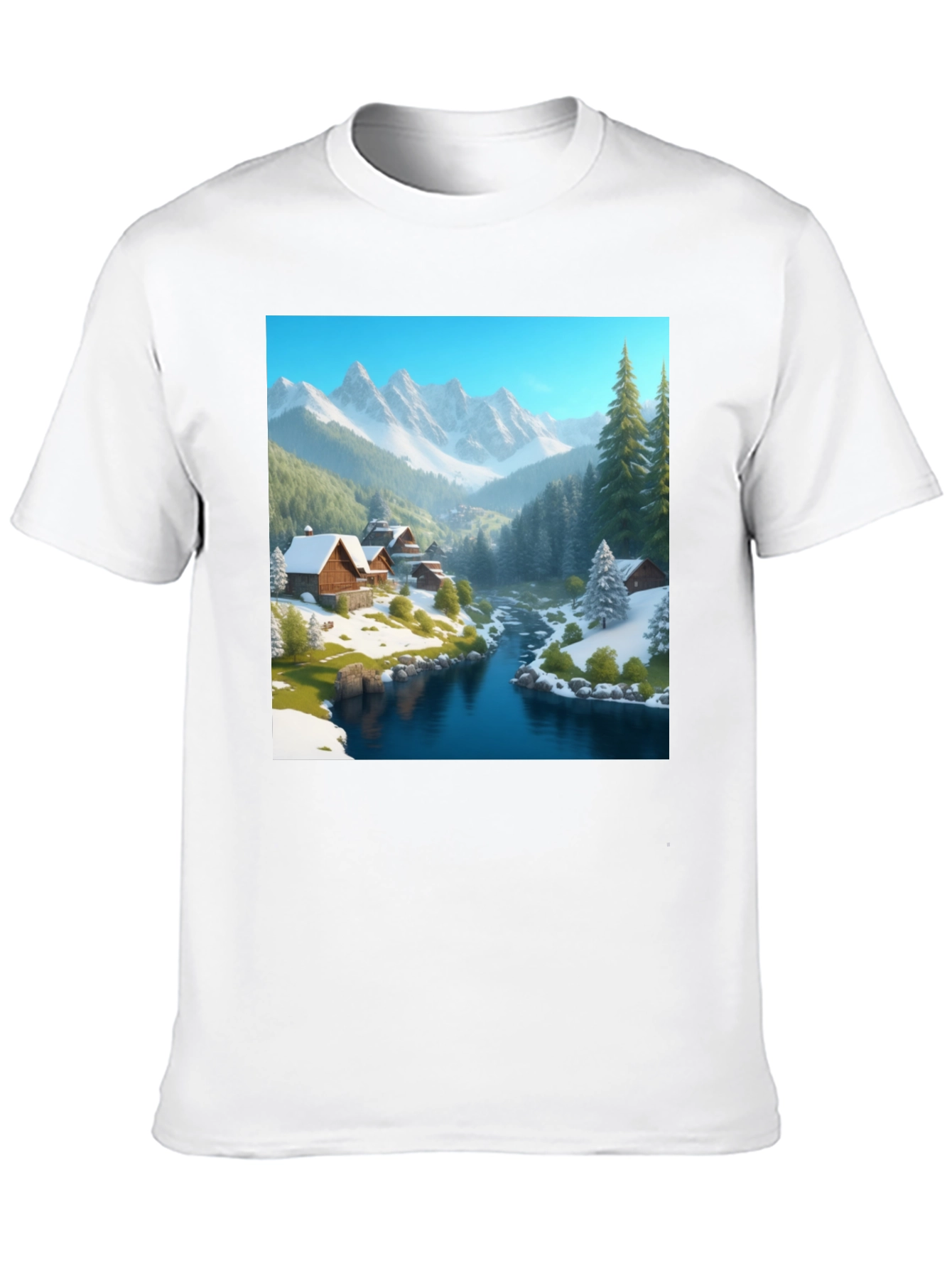 Mountain Cabin Scene Black T-Shirt