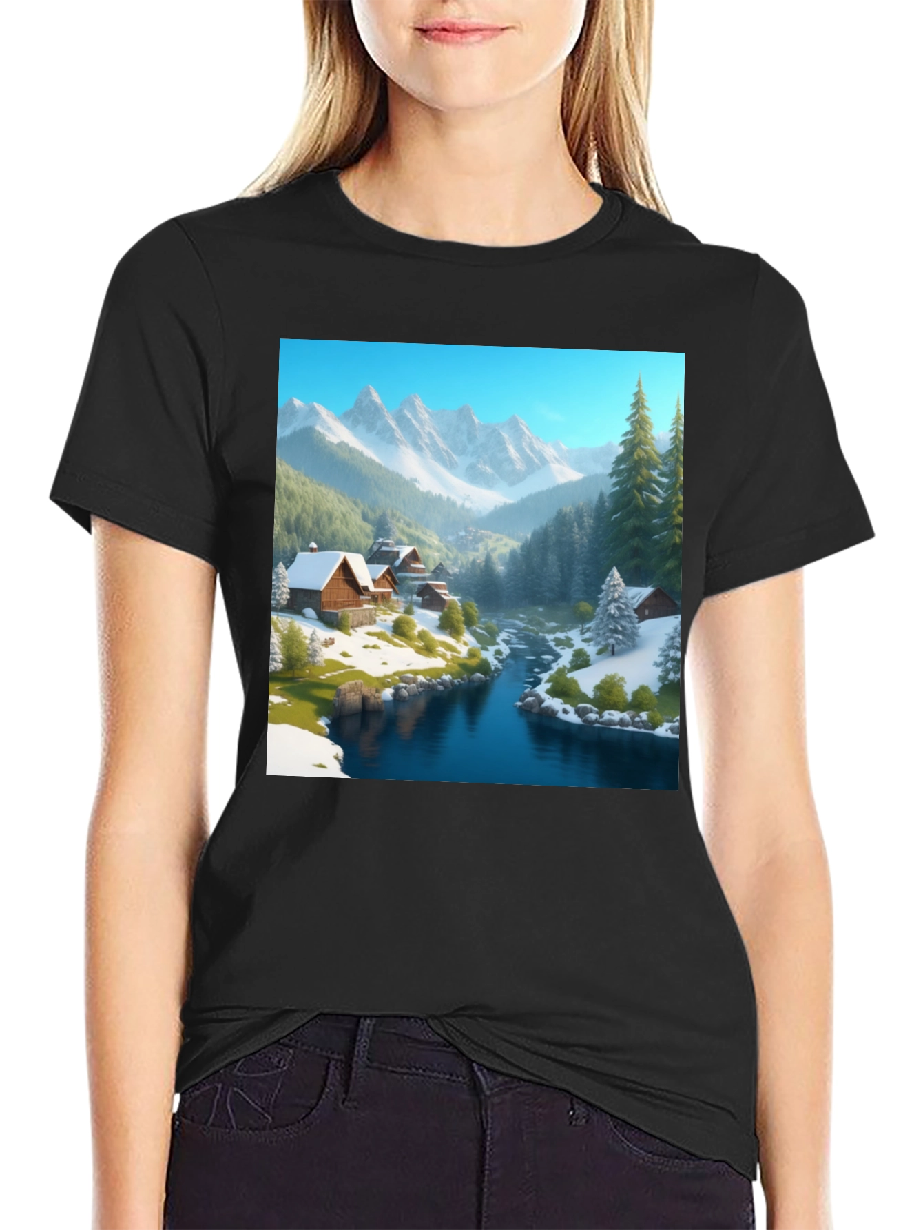 Mountain Cabin Scene Black T-Shirt