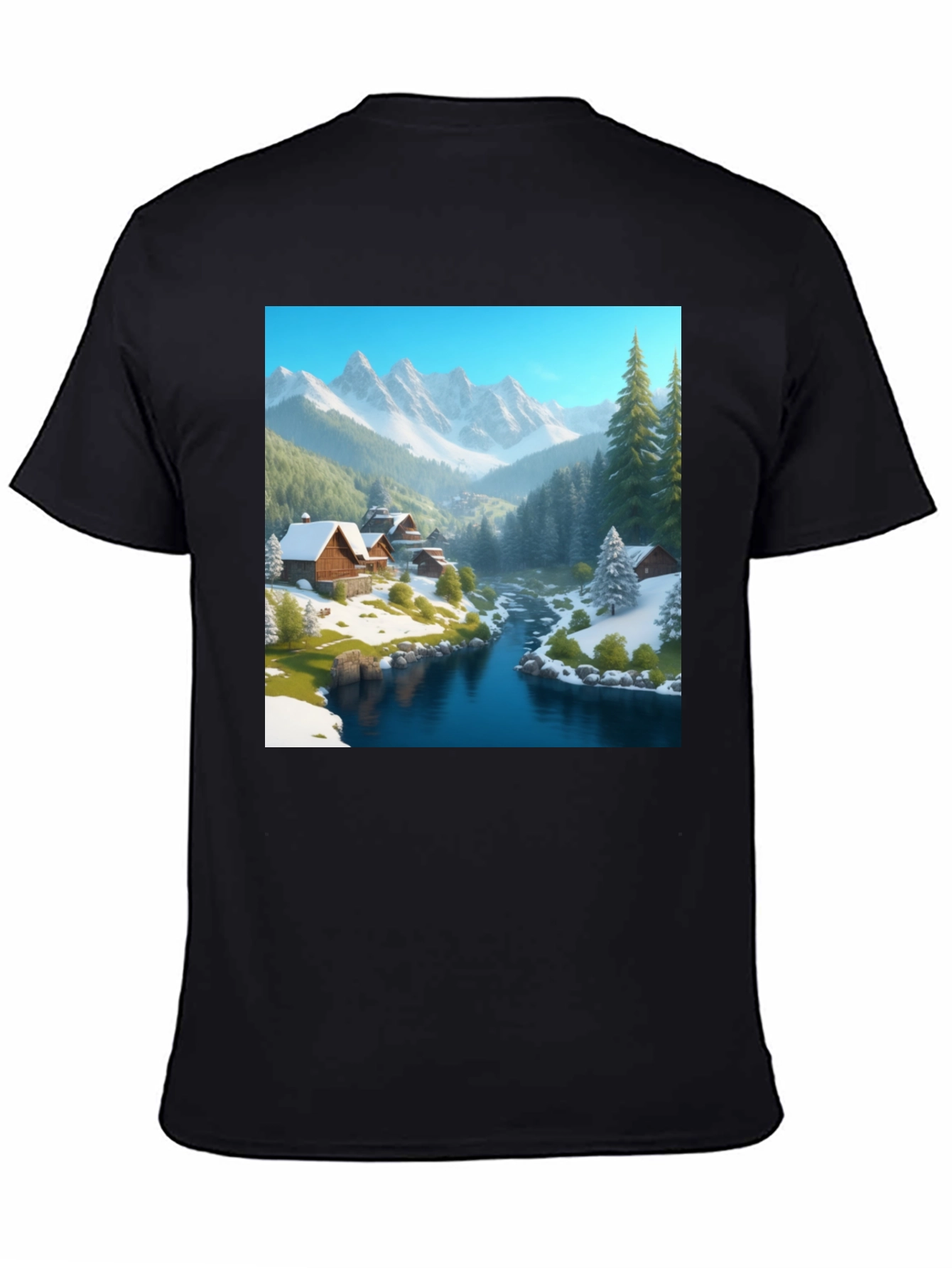 Mountain Cabin Scene Black T-Shirt
