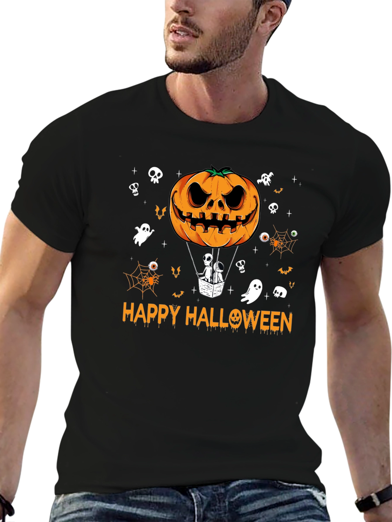 Happy Halloween Pumpkin Hot Air Balloon Black T-Shirt