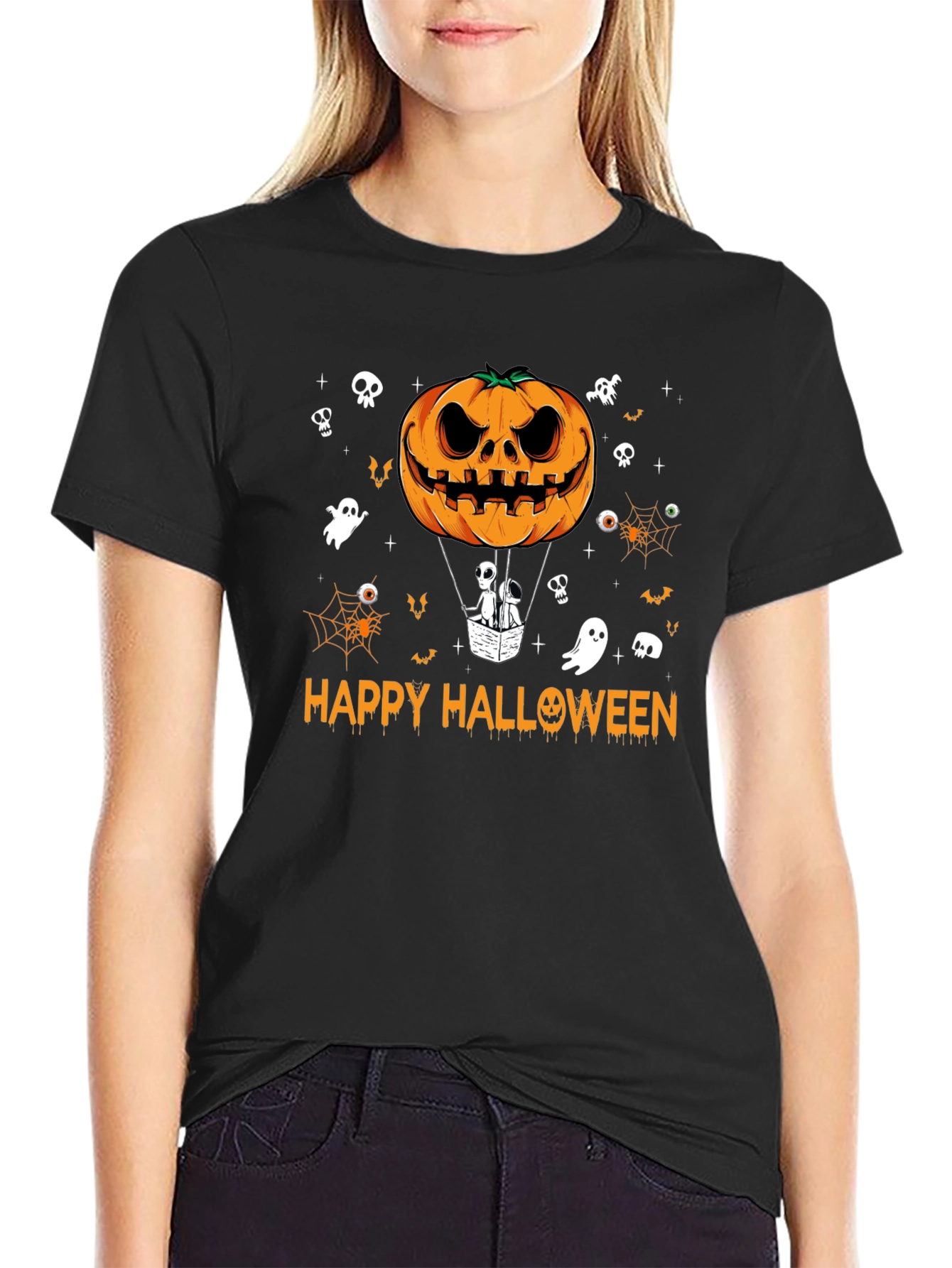 Happy Halloween Pumpkin Hot Air Balloon Black T-Shirt