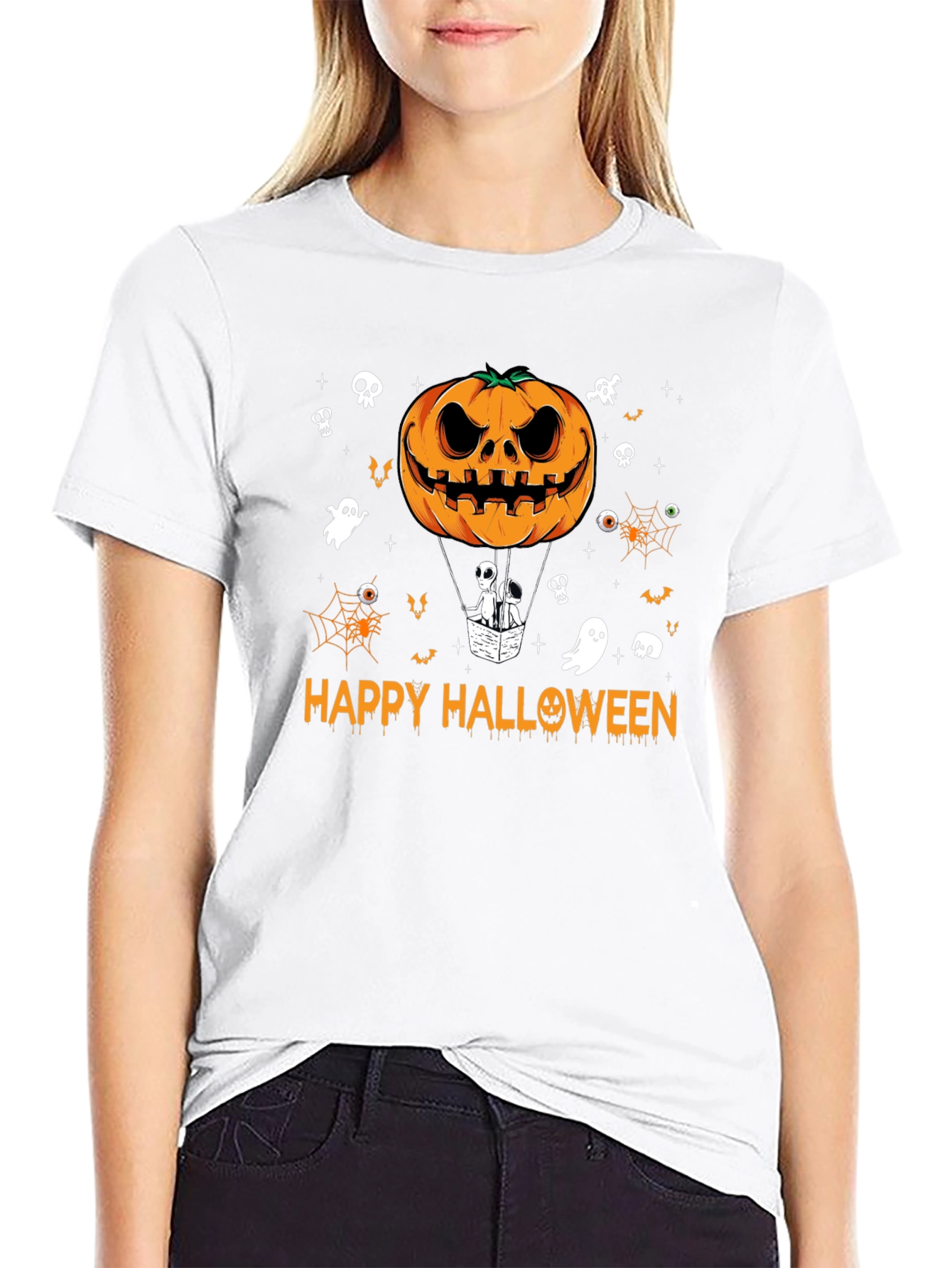 Happy Halloween Pumpkin Hot Air Balloon Black T-Shirt