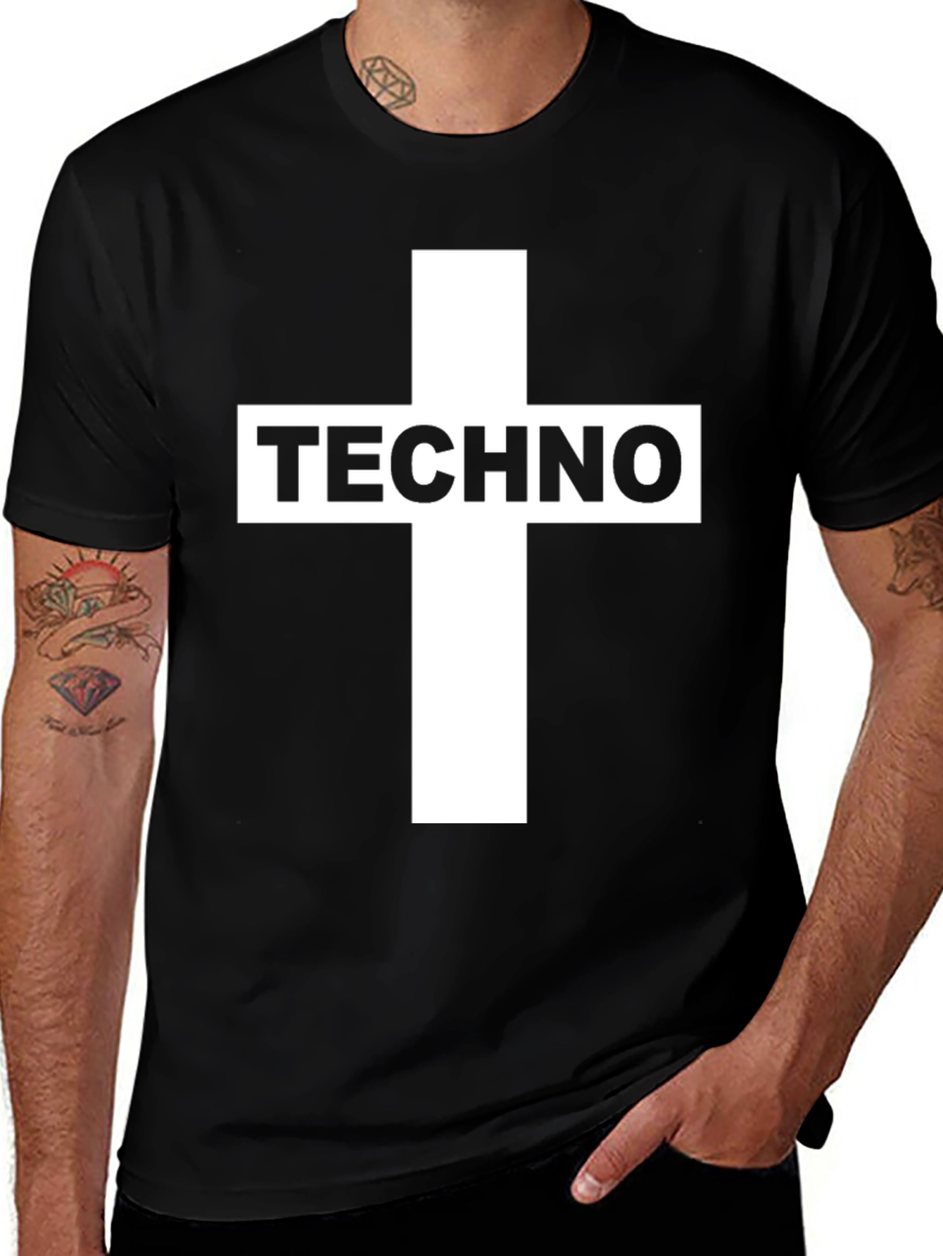 Techno Cross Graphic T-Shirt - Black Crew Neck Tee