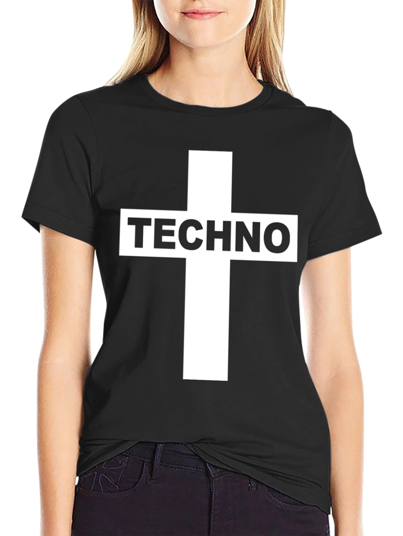 Techno Cross Graphic T-Shirt - Black Crew Neck Tee