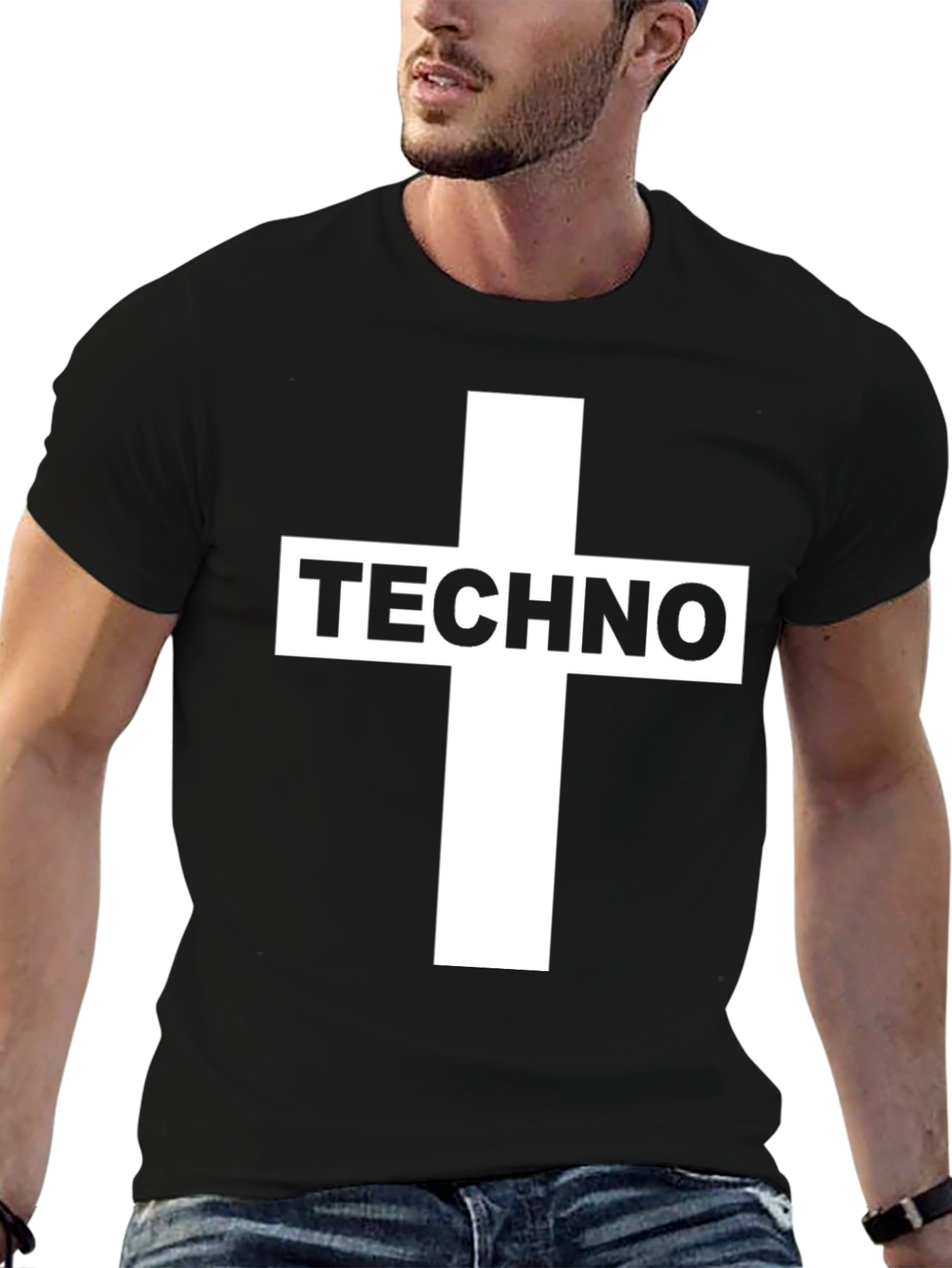 Techno Cross Graphic T-Shirt - Black Crew Neck Tee