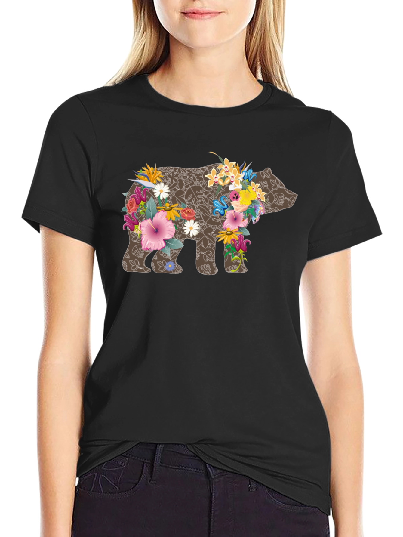 Floral Bear Graphic Tee - Black Casual T-Shirt