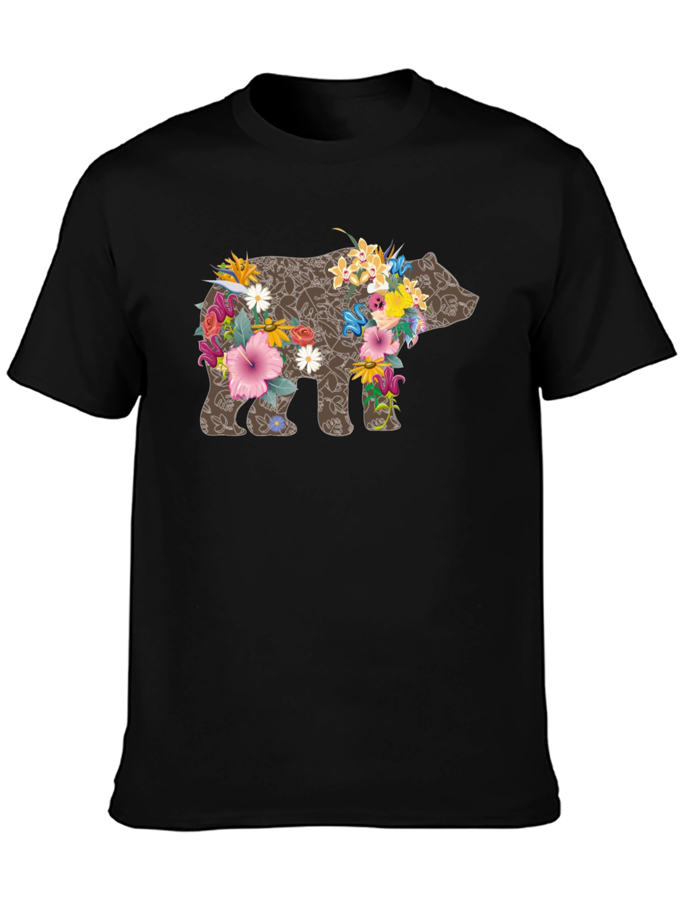 Floral Bear Graphic Tee - Black Casual T-Shirt