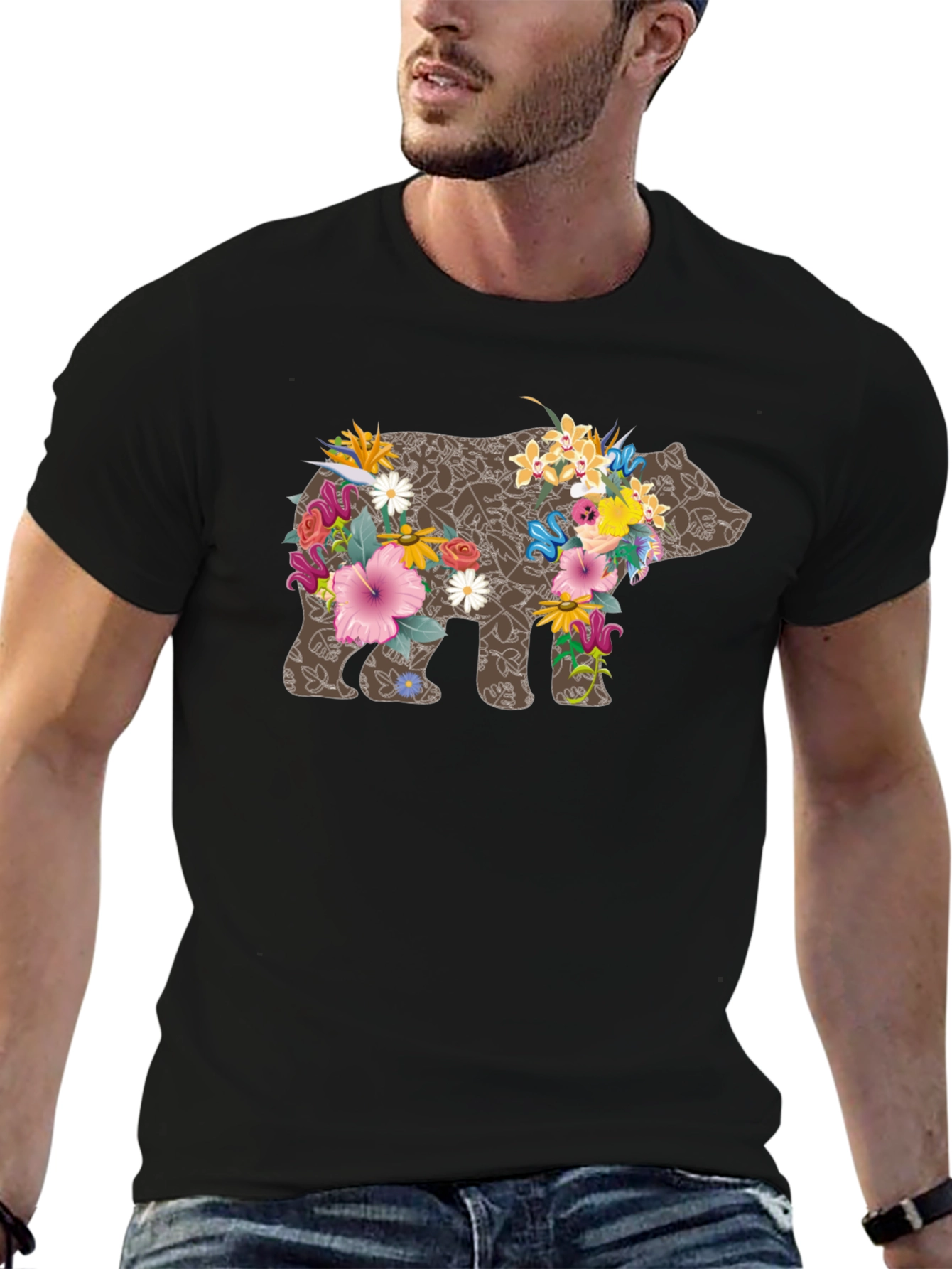 Floral Bear Graphic Tee - Black Casual T-Shirt