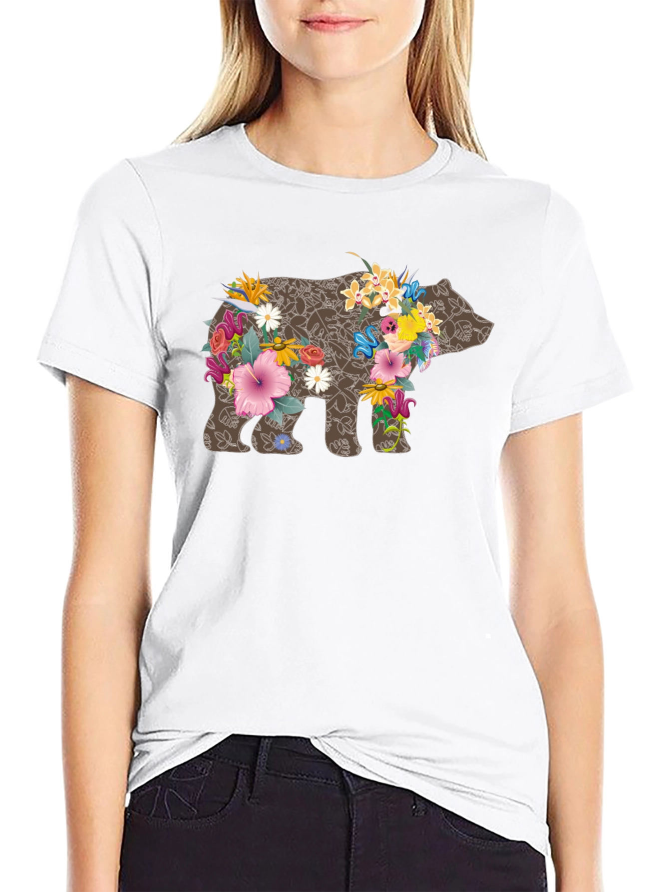 Floral Bear Graphic Tee - Black Casual T-Shirt