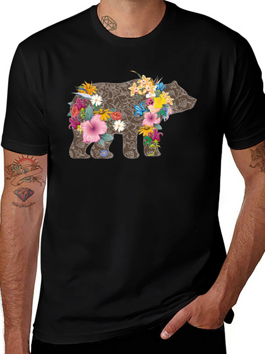 Floral Bear Graphic Tee - Black Casual T-Shirt