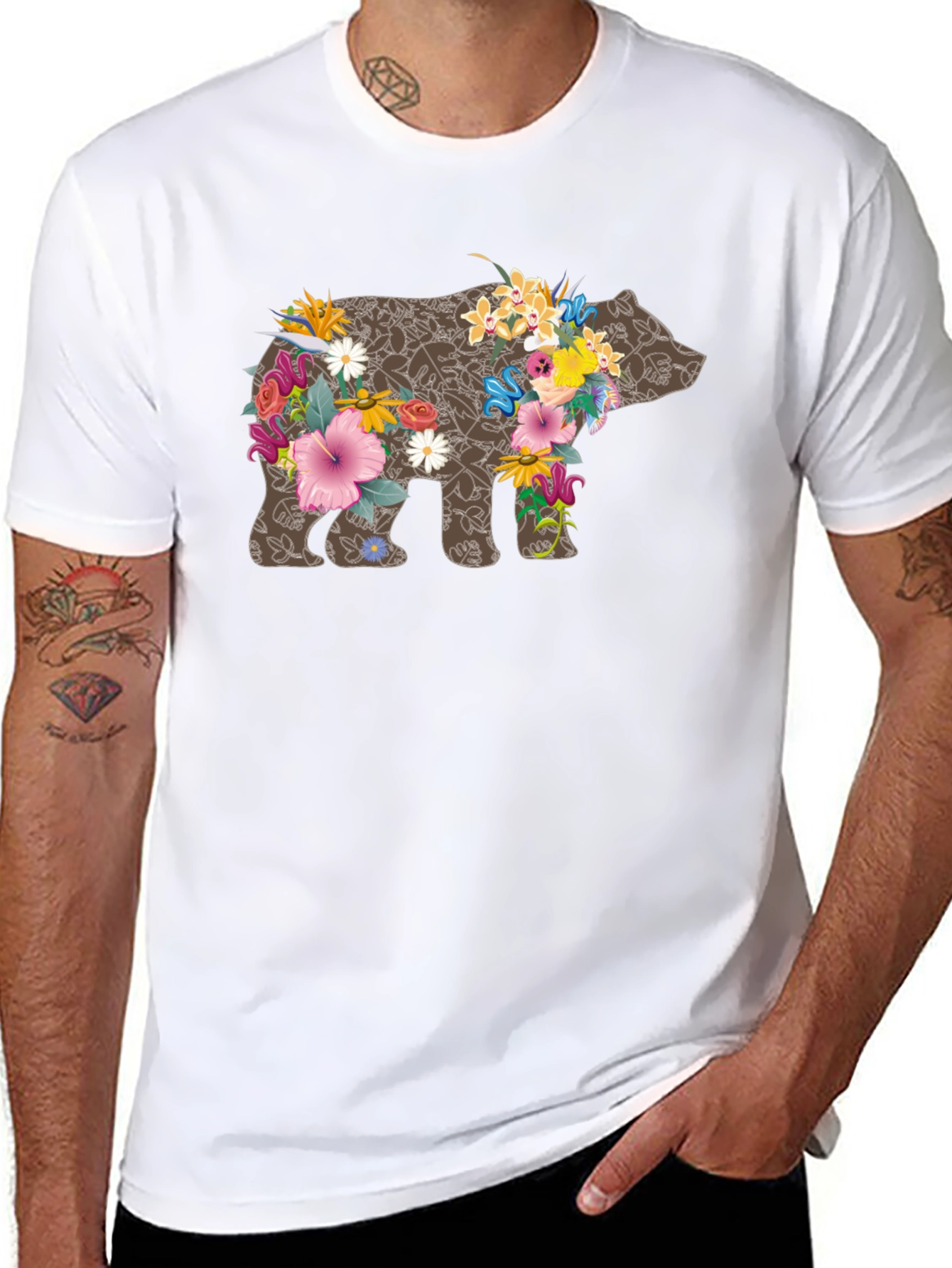 Floral Bear Graphic Tee - Black Casual T-Shirt