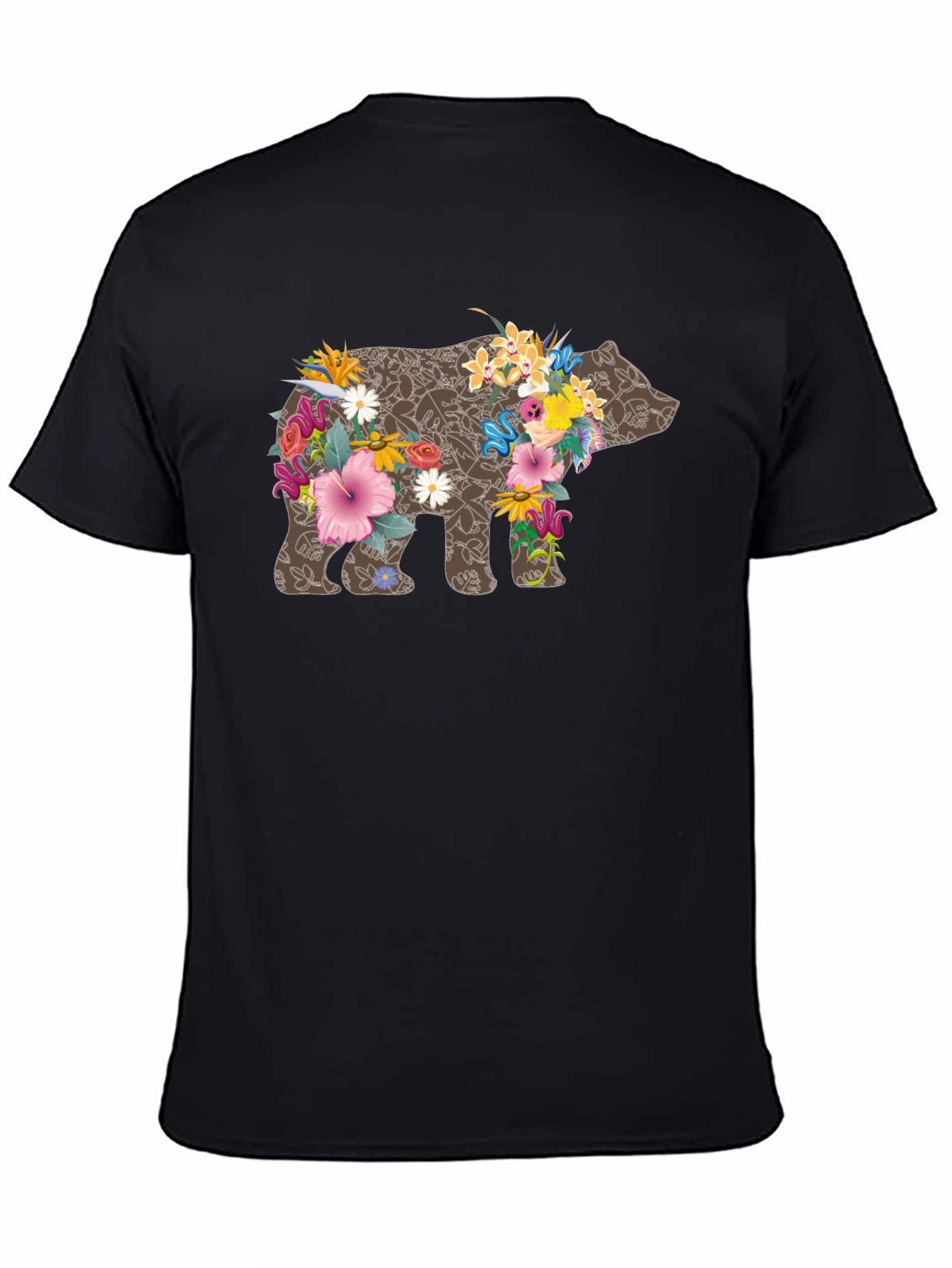 Floral Bear Graphic Tee - Black Casual T-Shirt