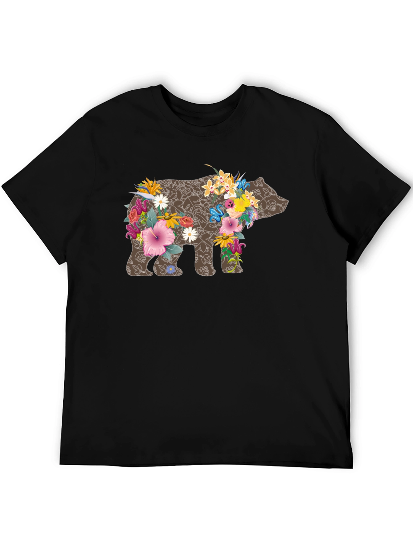 Floral Bear Graphic Tee - Black Casual T-Shirt