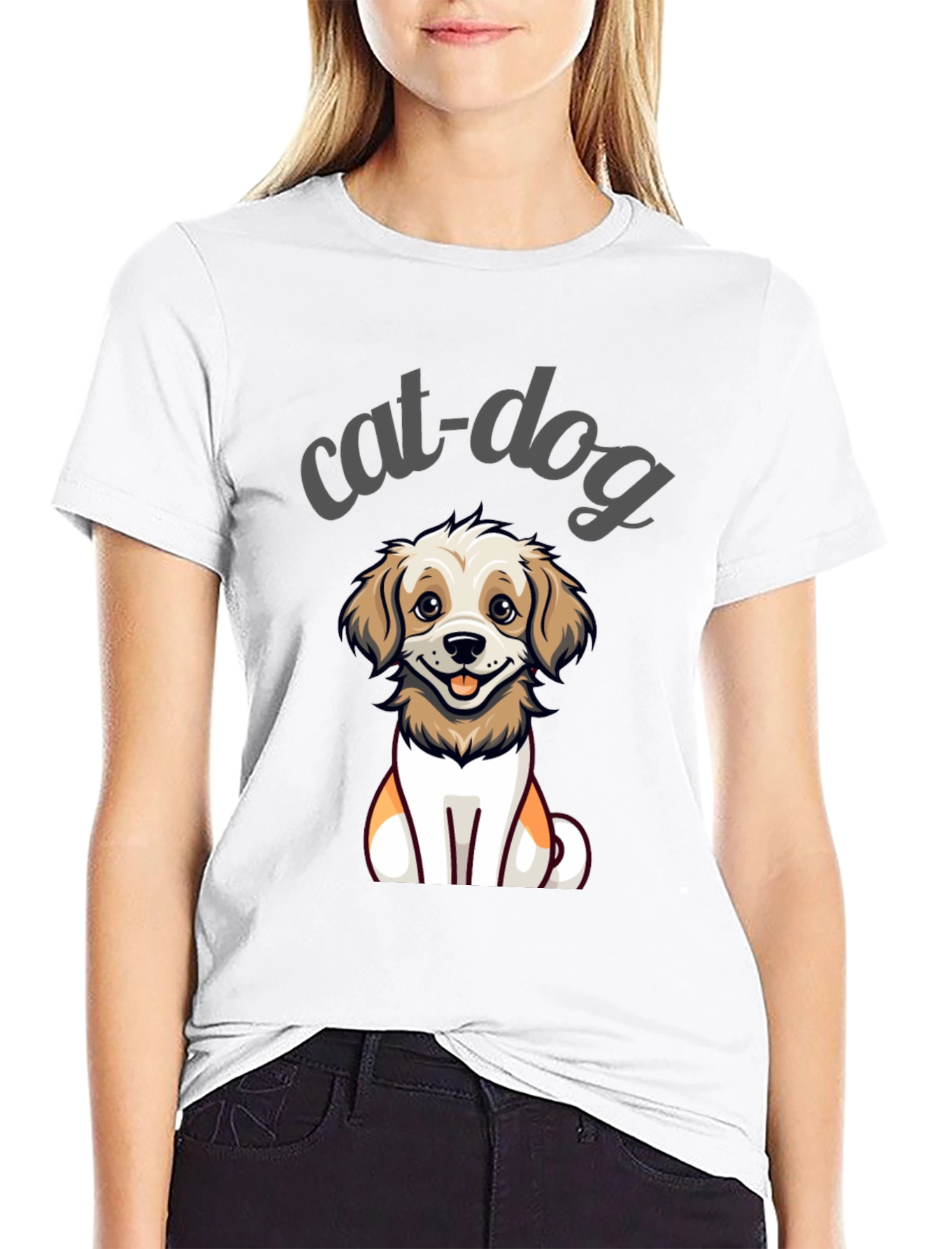 Cute Cat-Dog Cartoon Graphic Tee - Unisex Black T-Shirt