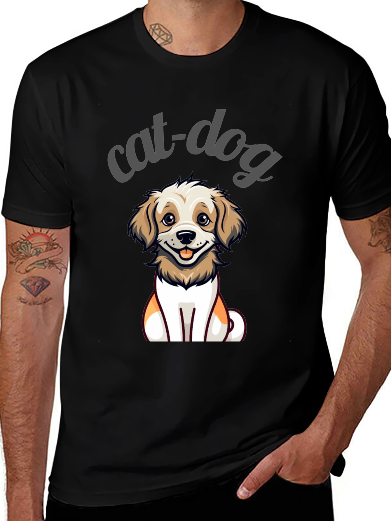 Cute Cat-Dog Cartoon Graphic Tee - Unisex Black T-Shirt