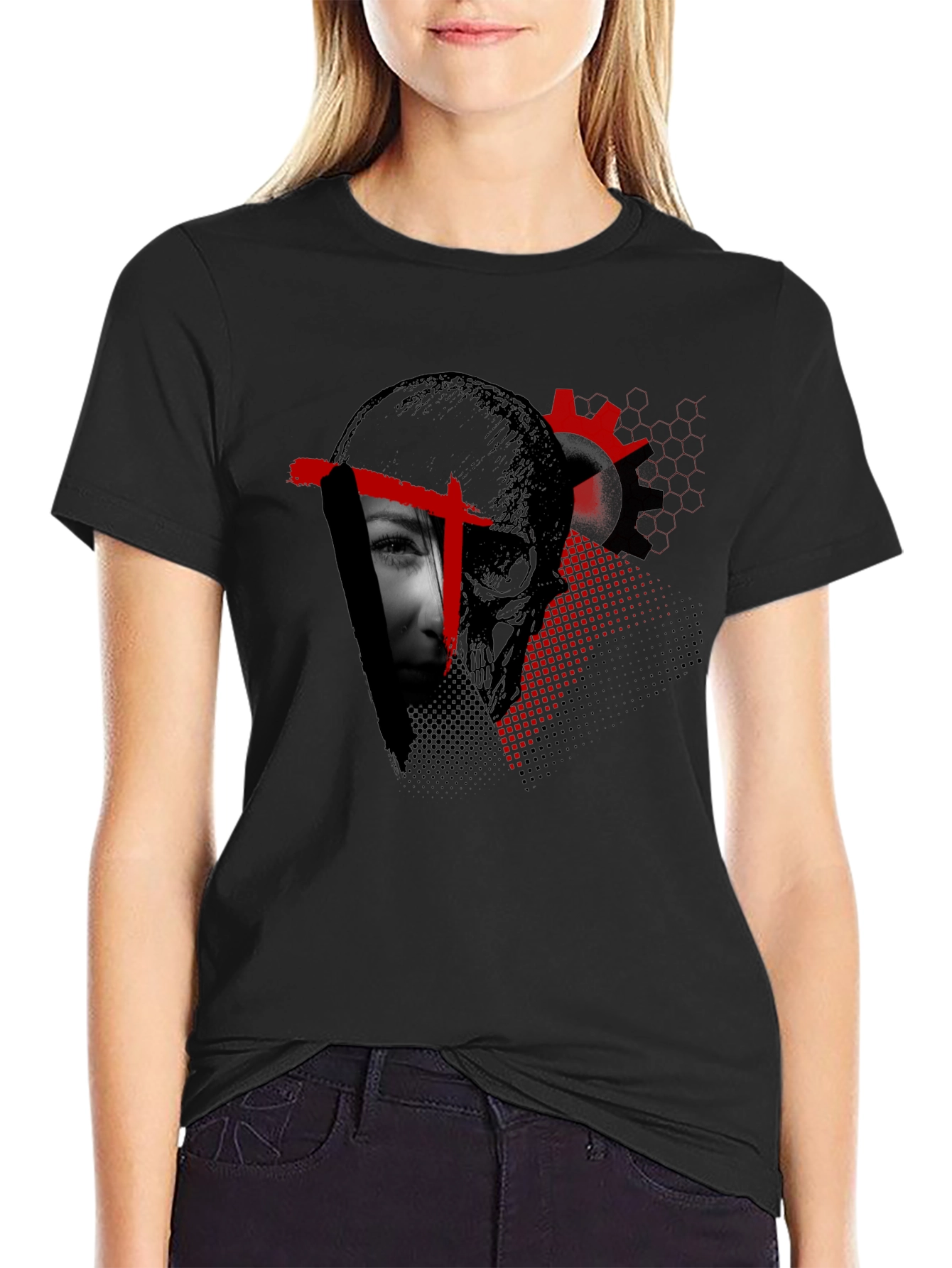 Edgy Skull & Face Graphic Print Black T-Shirt