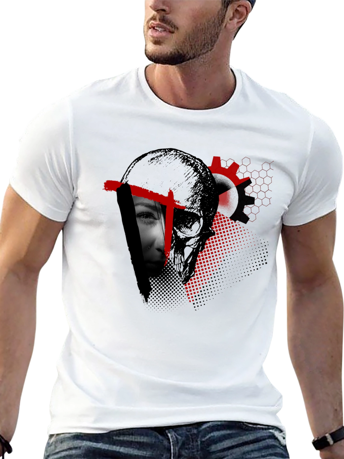 Edgy Skull & Face Graphic Print Black T-Shirt