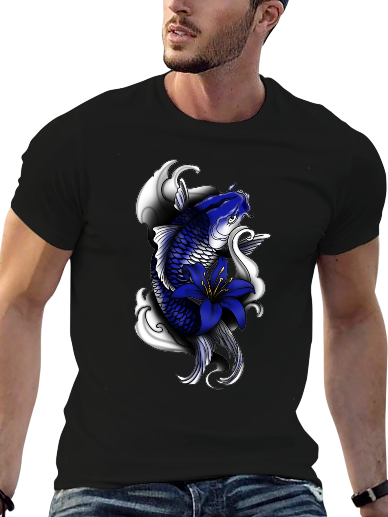 Koi Fish Graphic Print Black T-Shirt