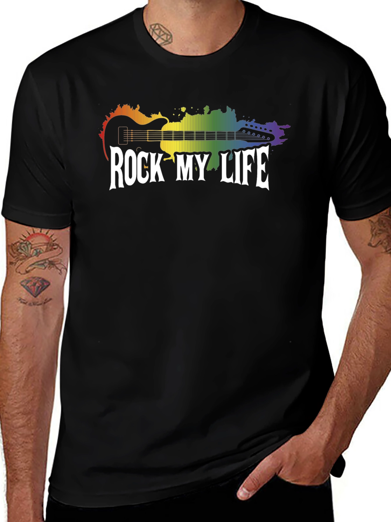 Rock My Life Graphic Tee - Rainbow Guitar Design