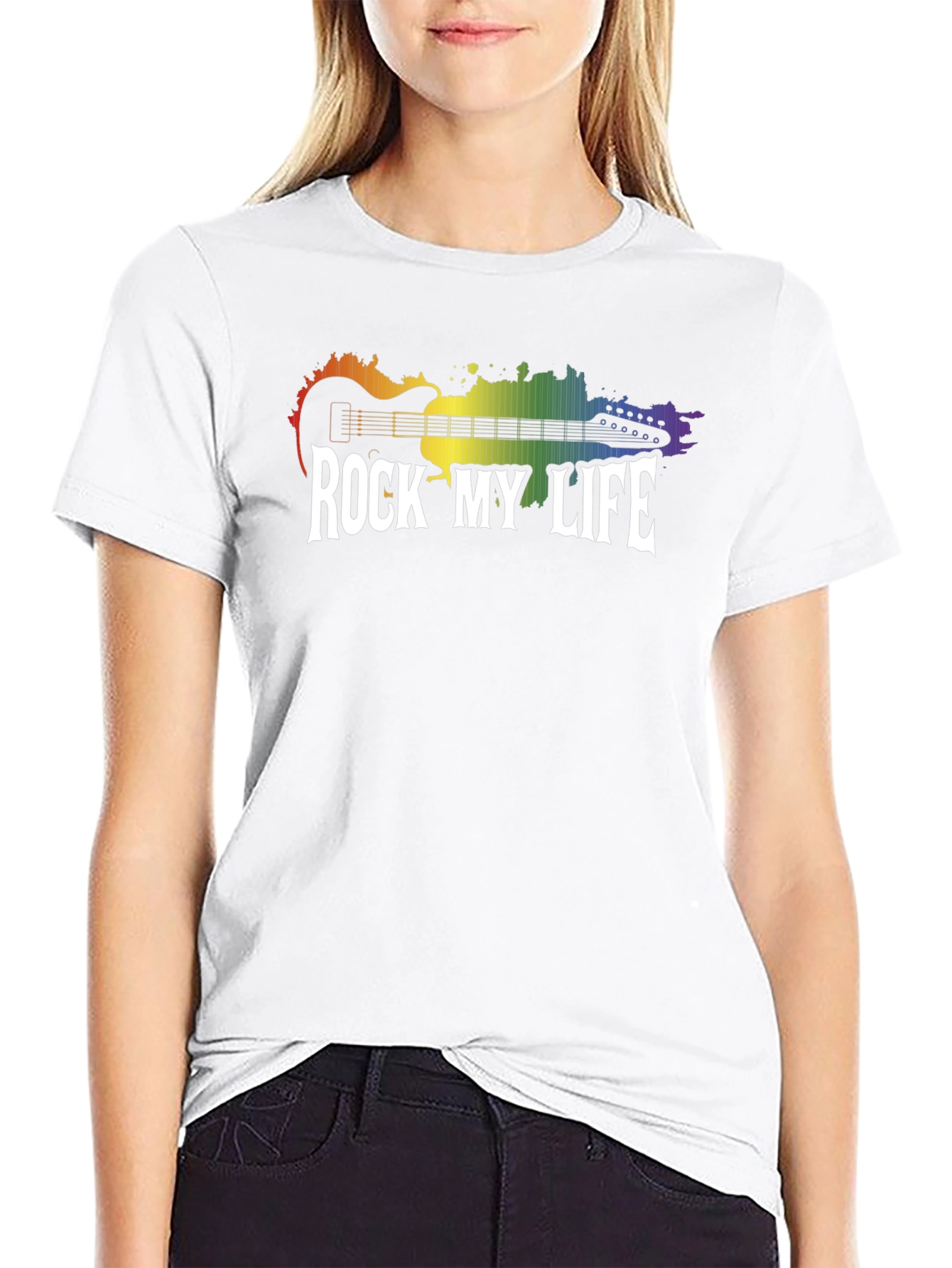 Rock My Life Graphic Tee - Rainbow Guitar Design