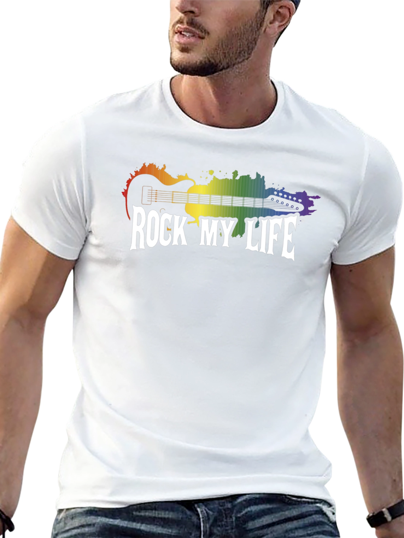 Rock My Life Graphic Tee - Rainbow Guitar Design