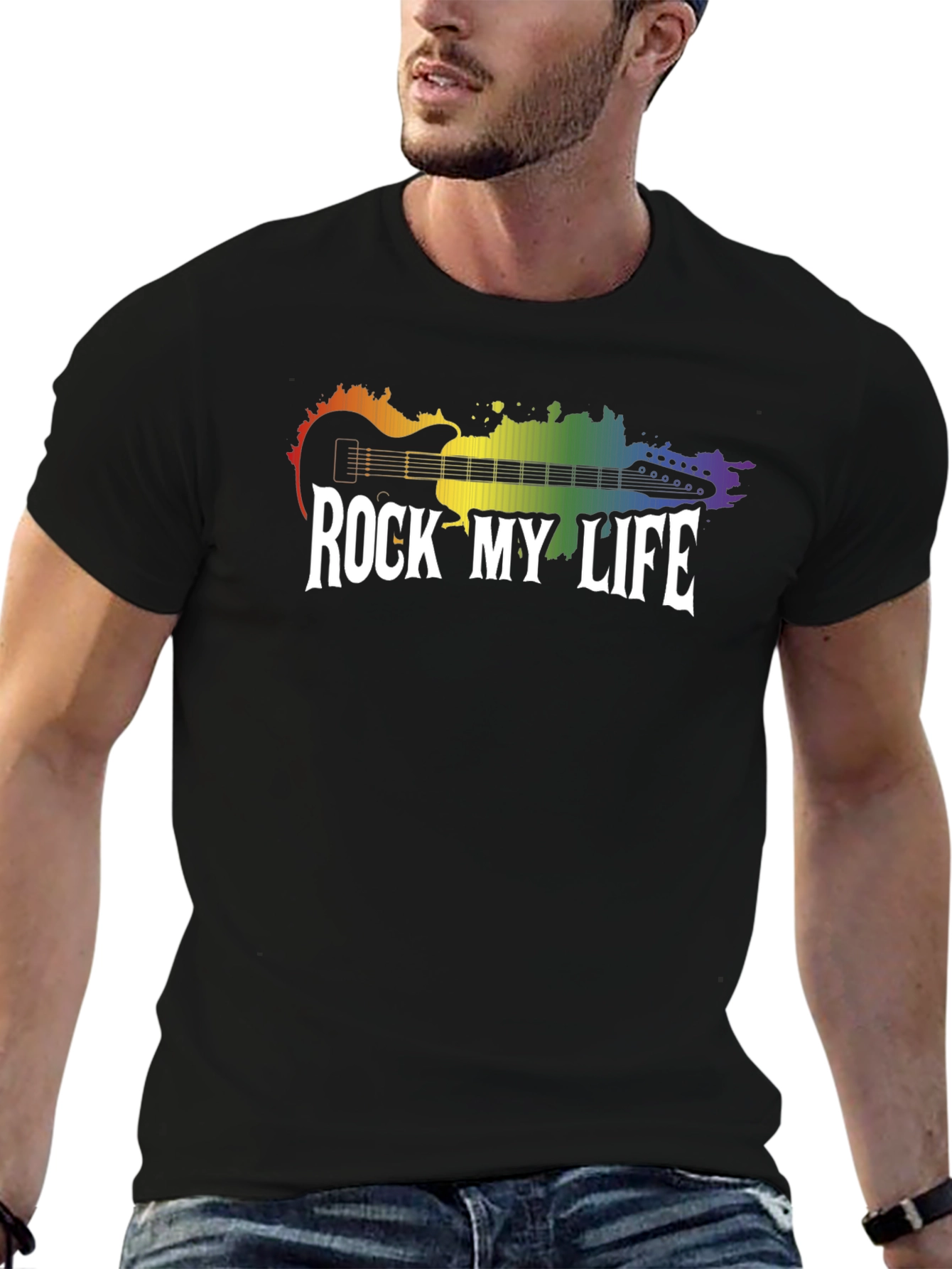 Rock My Life Graphic Tee - Rainbow Guitar Design