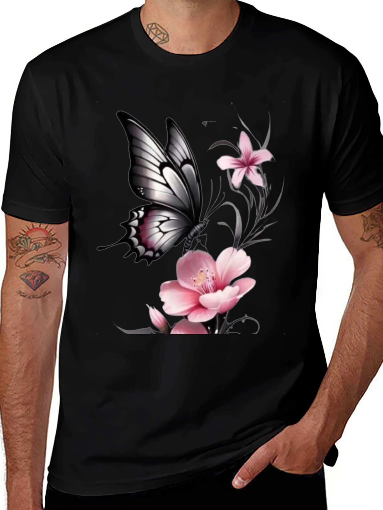Black Butterfly Floral Graphic T-Shirt